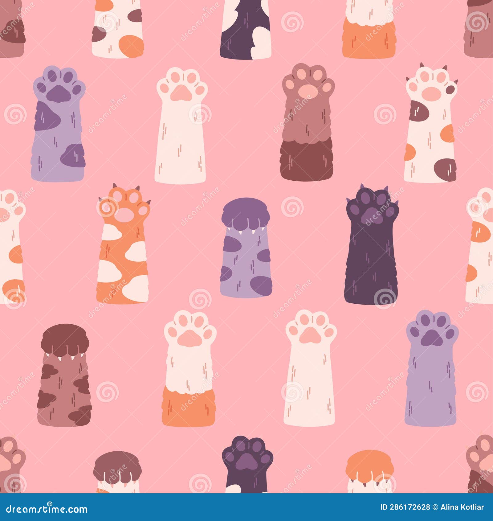 Cute Cats Paws Seamless Pattern. Different Funny Pet Paws with Claws