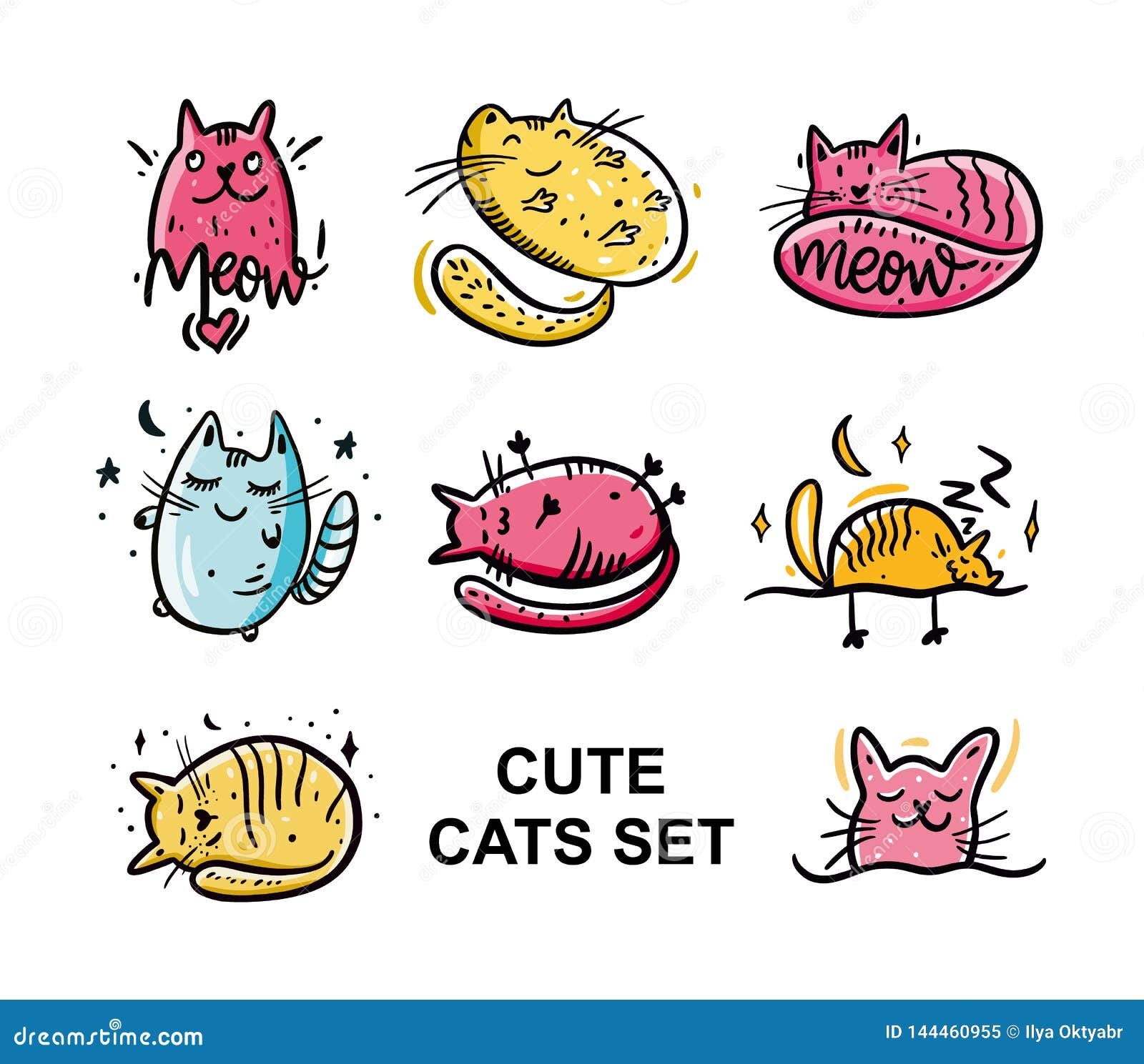 Cute Cats Set. Cartoon Style. Hand Drawn Vector Illustration. Isolated ...