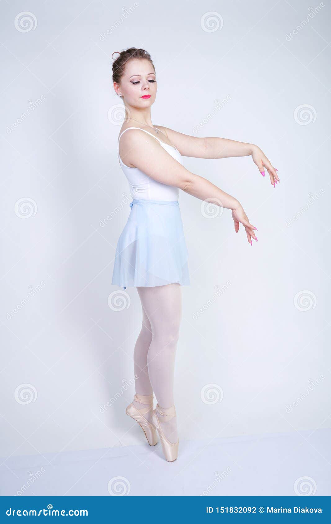 Cute Caucasian Girl in Ballet Clothes Learning To Be Ballerina on a White Background in the Studio. Plus Size Woman Dreams Stock Photo - Image of face, beautiful: