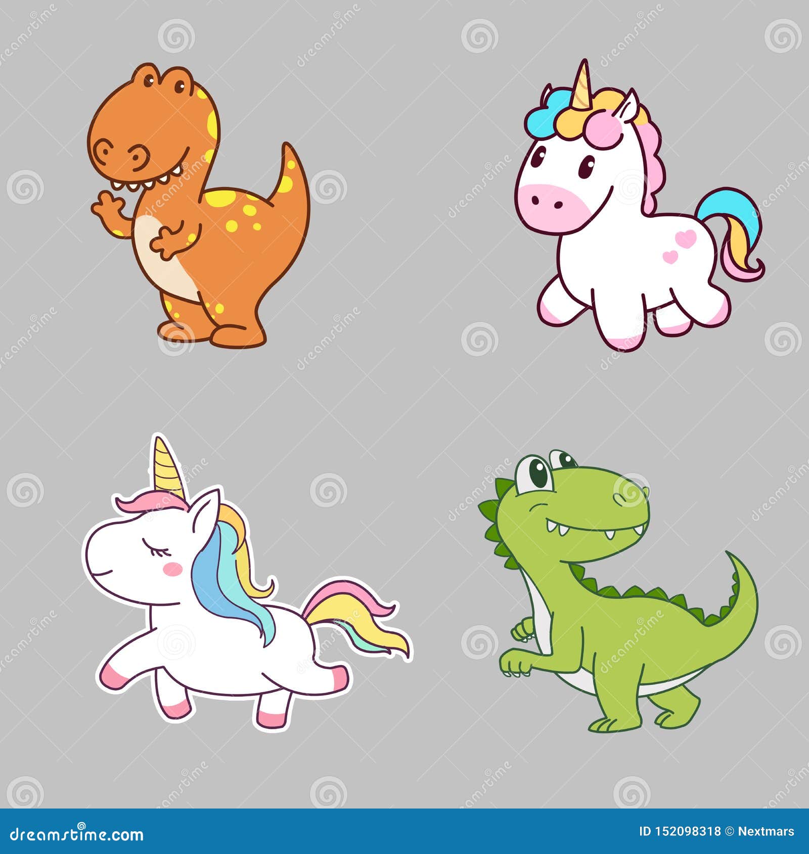Cute Character Design of Dinosaur and Unicorn. Concept Art Stock  Illustration - Illustration of baby, beautiful: 152098318