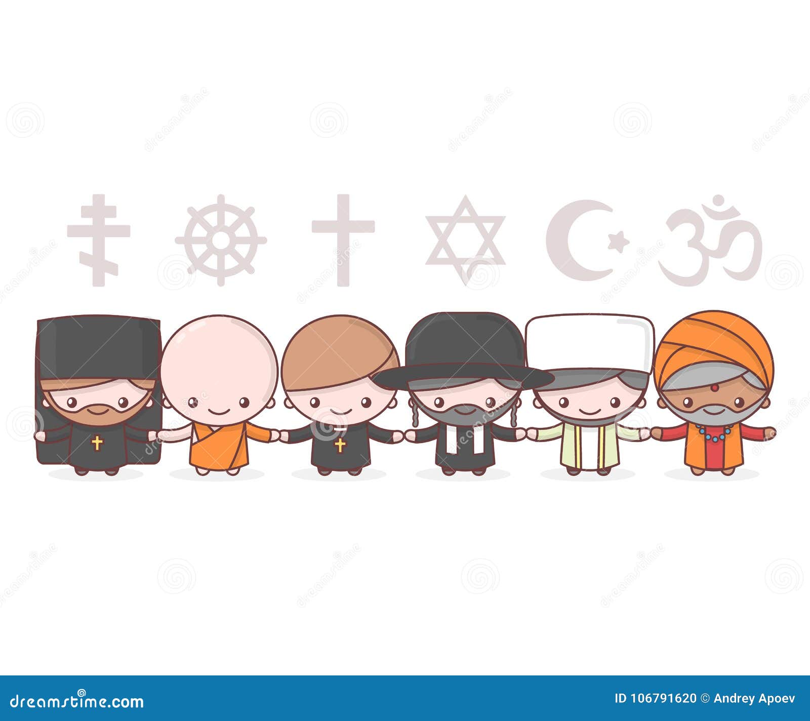 cute characters. judaism rabbi. buddhism monk. hinduism brahman. catholicism priest. christianity holy father.