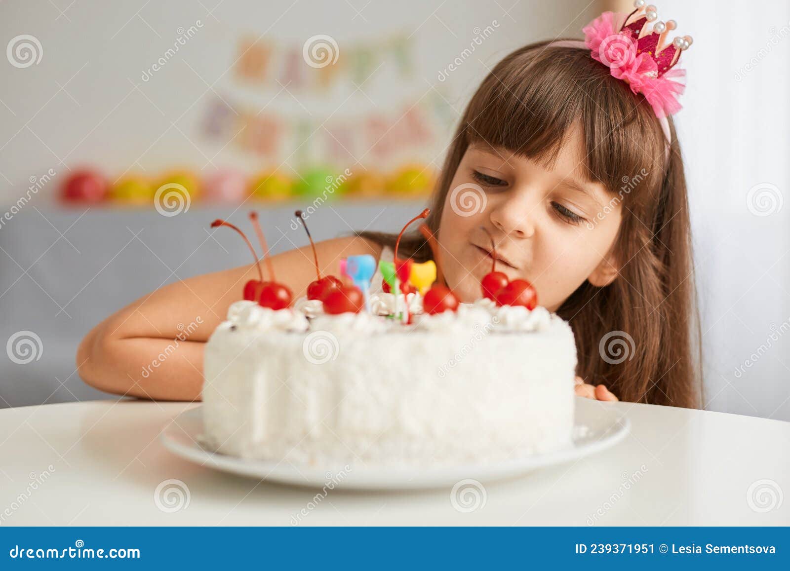 Cute Charming Dark Haired Female Kid Looking at Birthday Cake ...