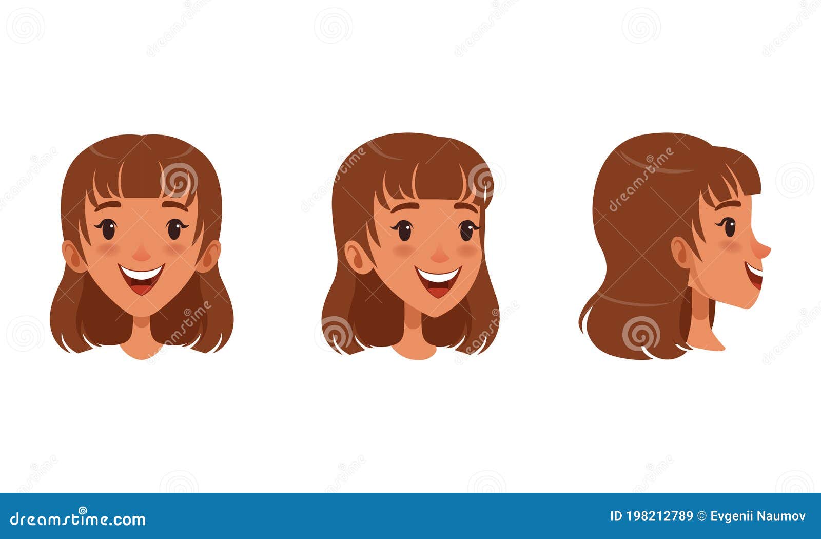 cute cheerful brown haired girl set, different view of girl face, front, profile side and three quarter view cartoon