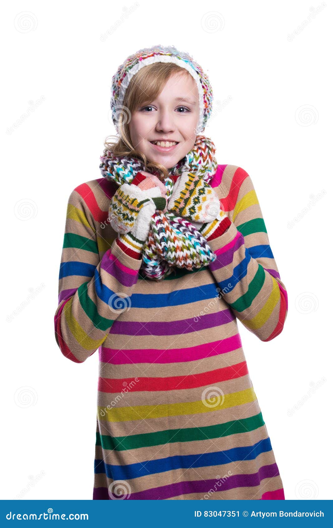 Cute Cheerful Teenage Girl Wearing Colorful Striped Sweater, Scarf ...