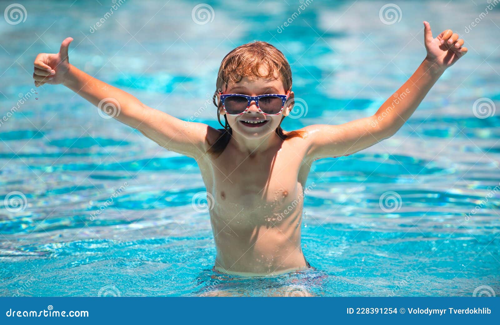 Cute Child Boy Swim in Swimming Pool, Summer Water Background with ...