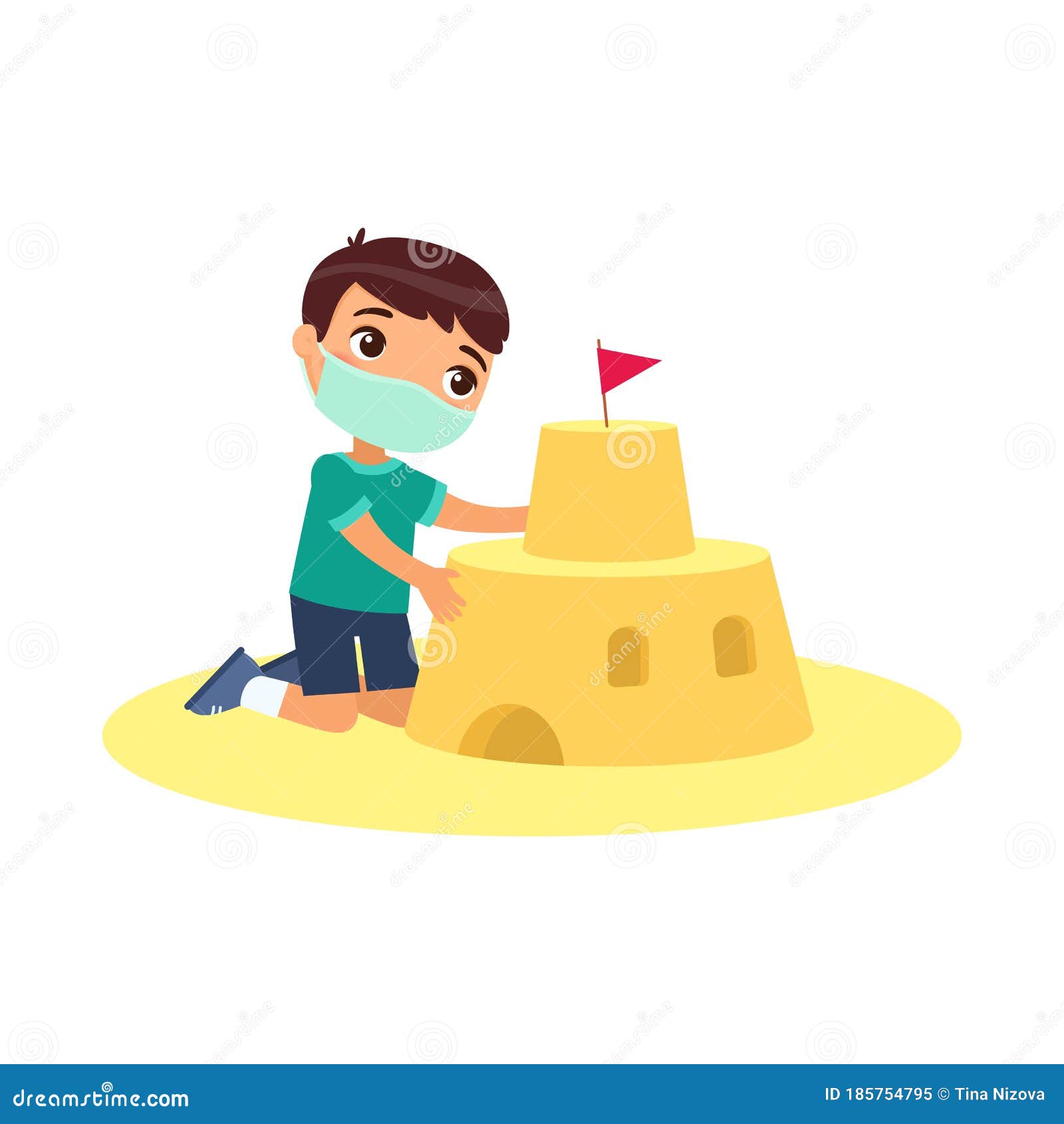 cute child building sand castle with a face mask. virus protection, allergies consept. funny kid playing on beach