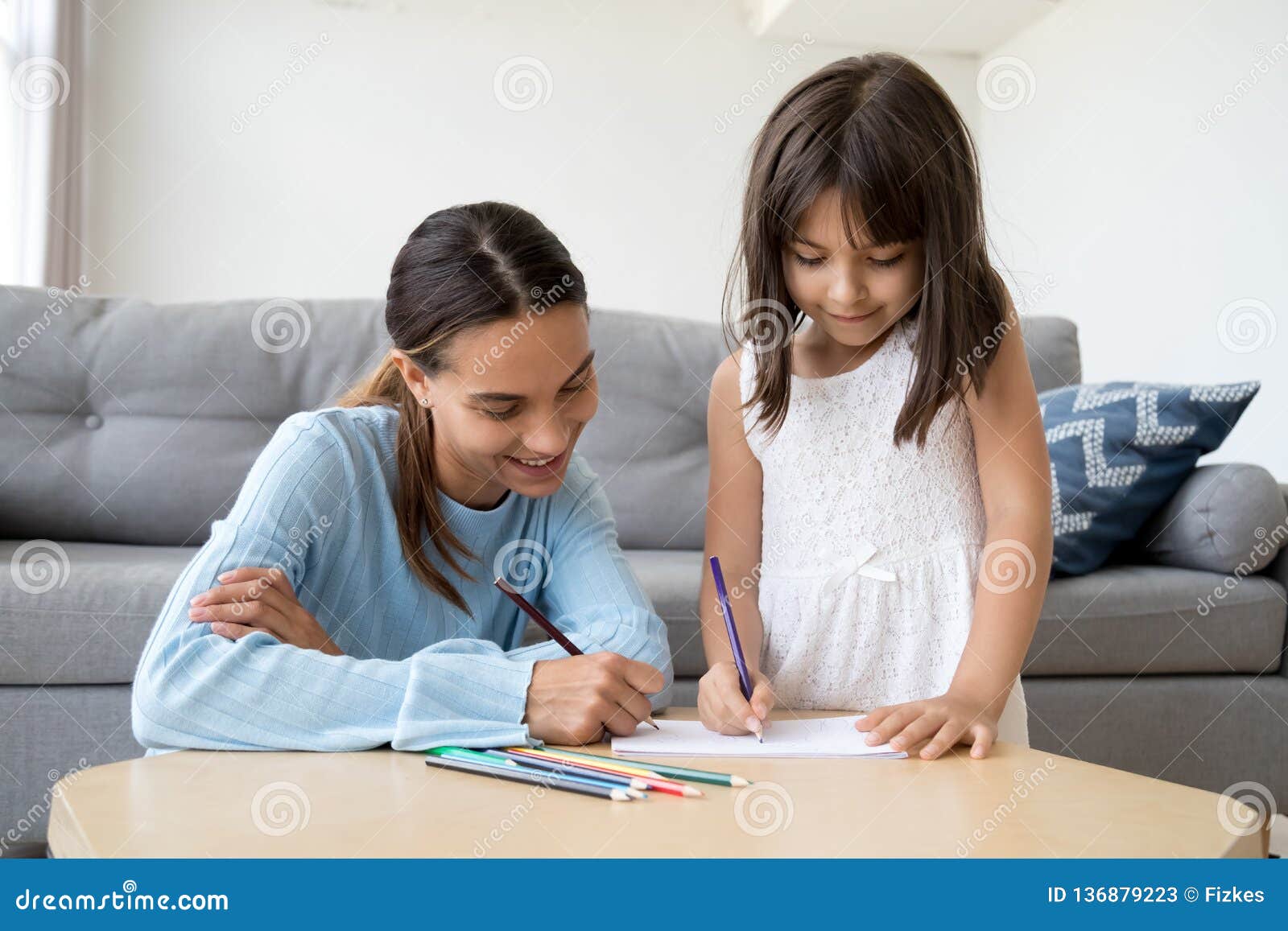 Cute Child Girl With Mom Draw With Colored Pencils Together