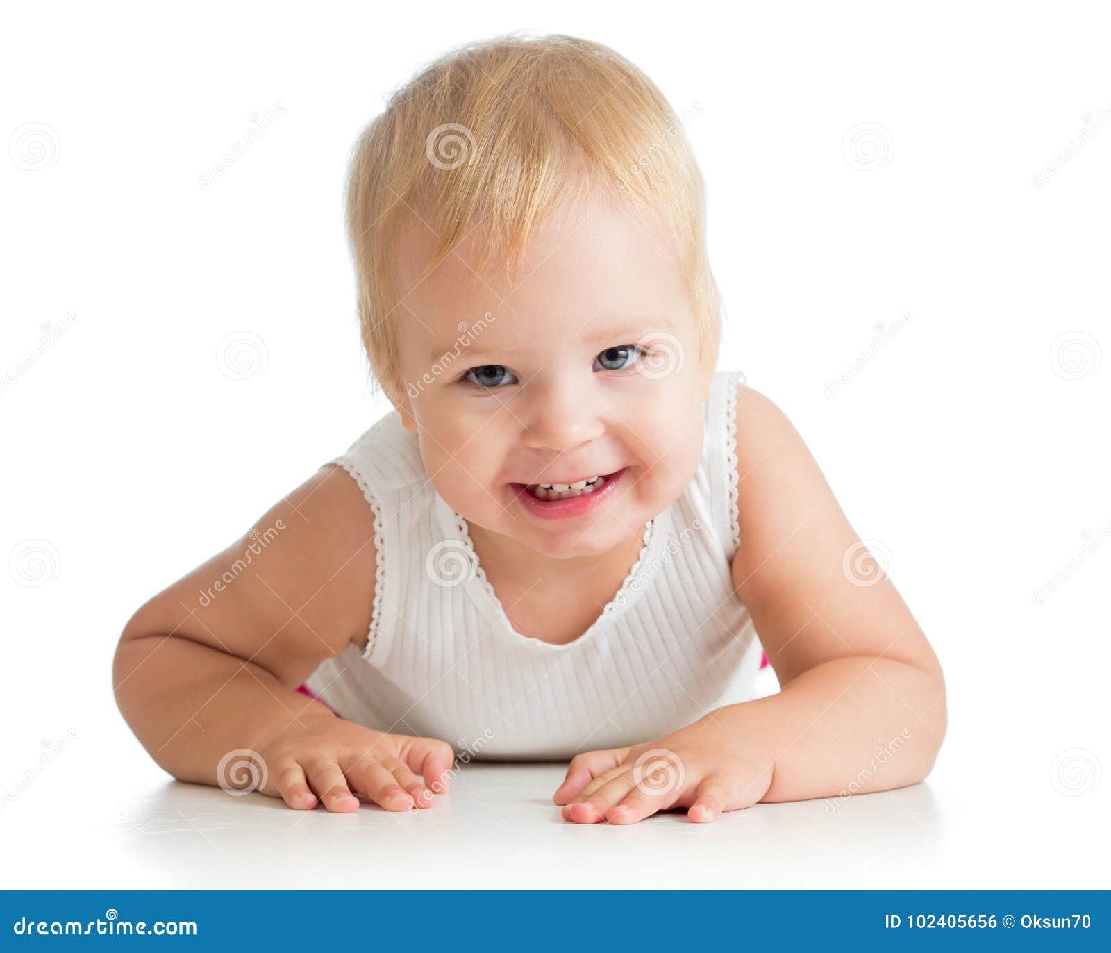 Cute Child Lying on Floor, Isolated on White Stock Photo - Image of ...