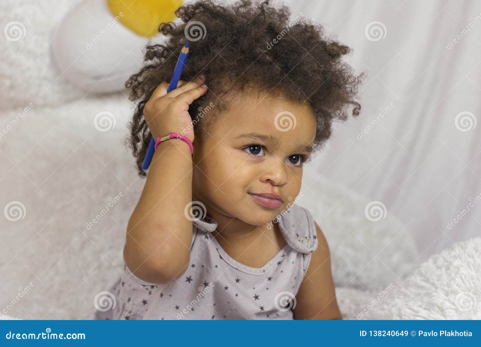 Cute Child Touching Curly Hair Stock Image - Image of joyful, grey:  138240649
