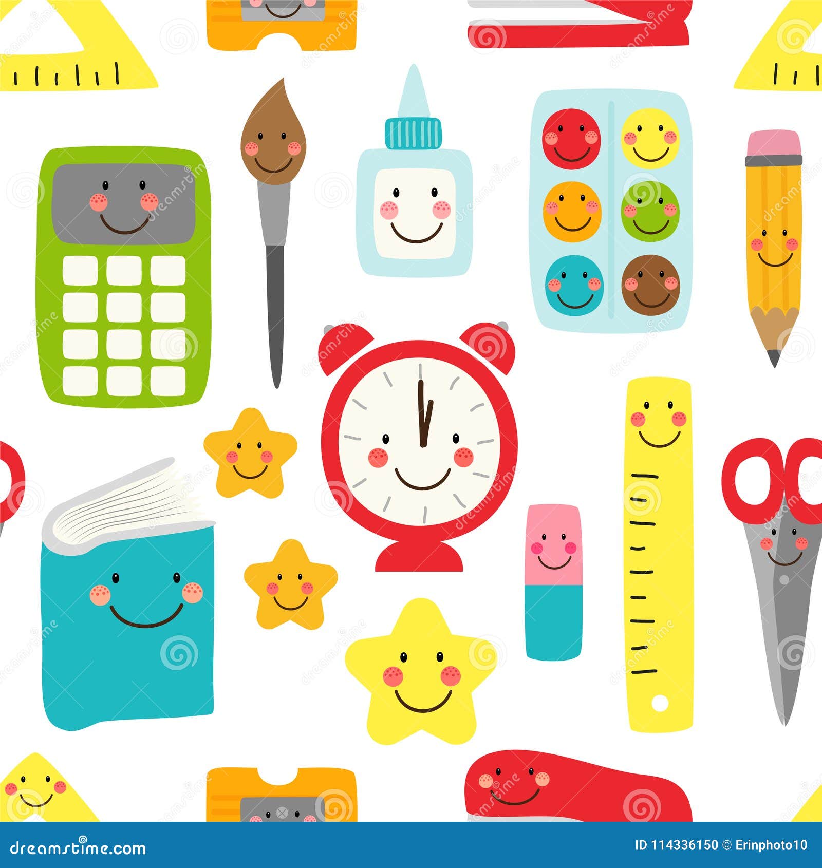 Cute Childish Seamless Pattern Back To School Supplies As Smiling Cartoon  Characters Stock Vector - Illustration of kindergarten, copybook: 114336150
