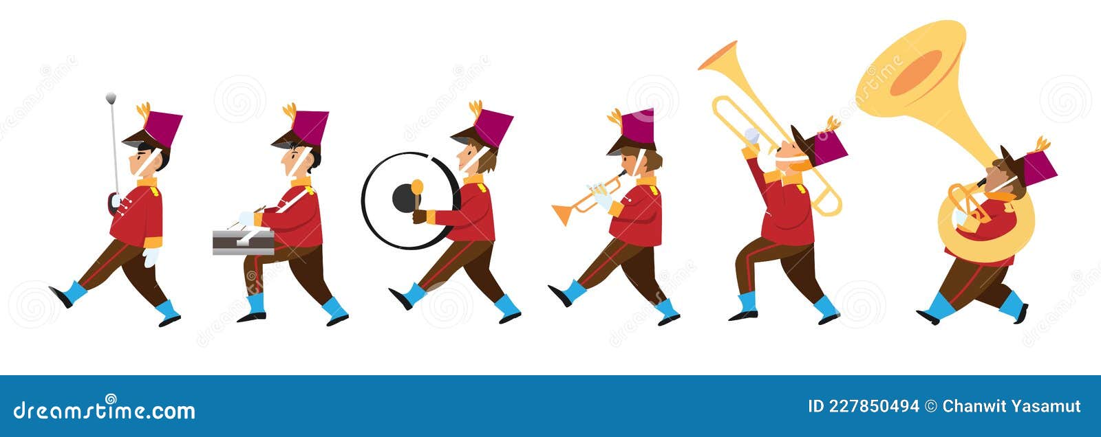 cute children playing musical instruments in the marching band parade. flat style cartoon  