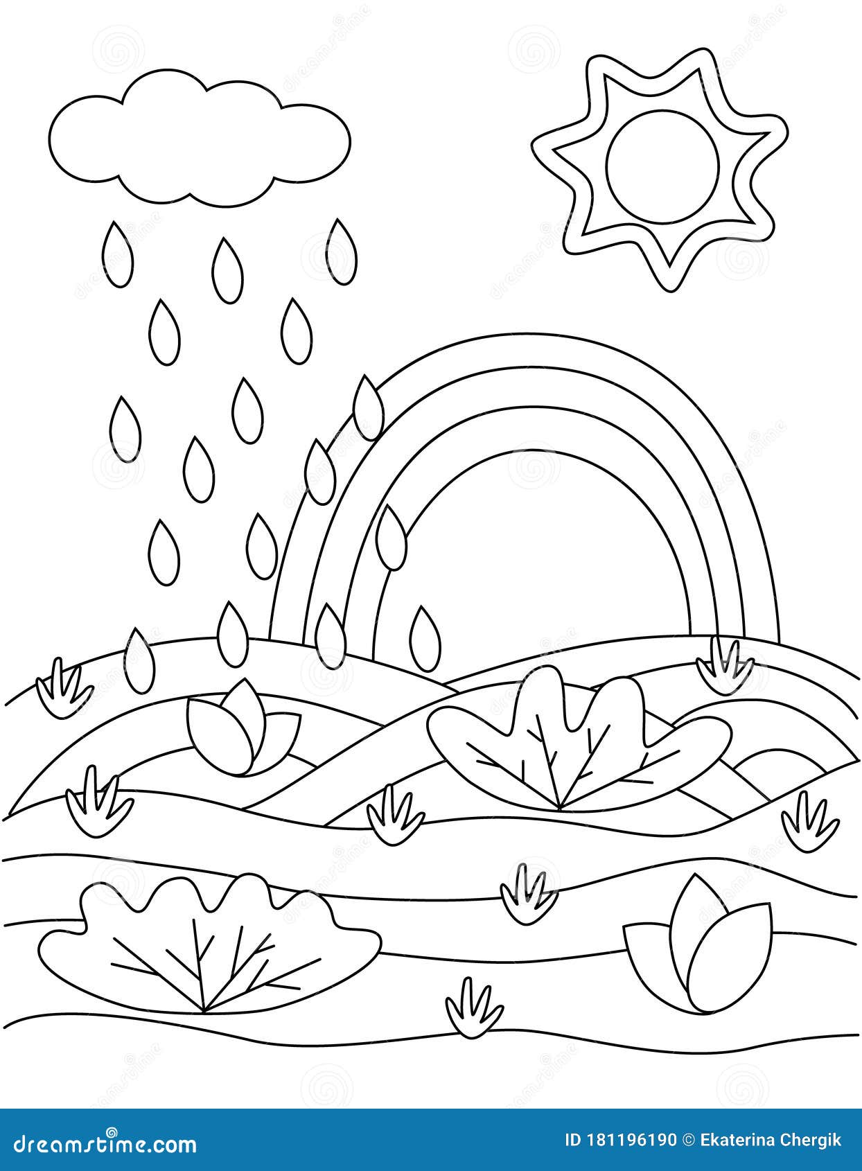 Cute Children`s Coloring Book with Cloud, Rain, Sun, Grass. for Small Children, the Simplest ...