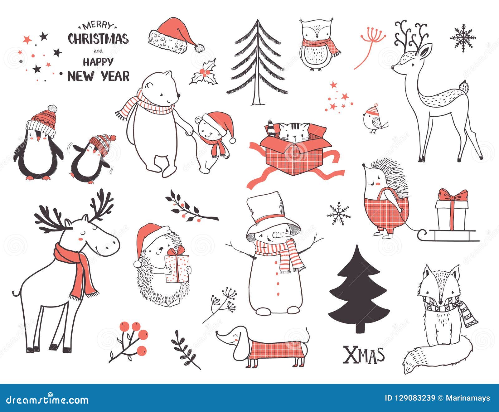 Cute Christmas Animals And Elements Set Stock Vector Illustration Of Childish Reindeer 129083239