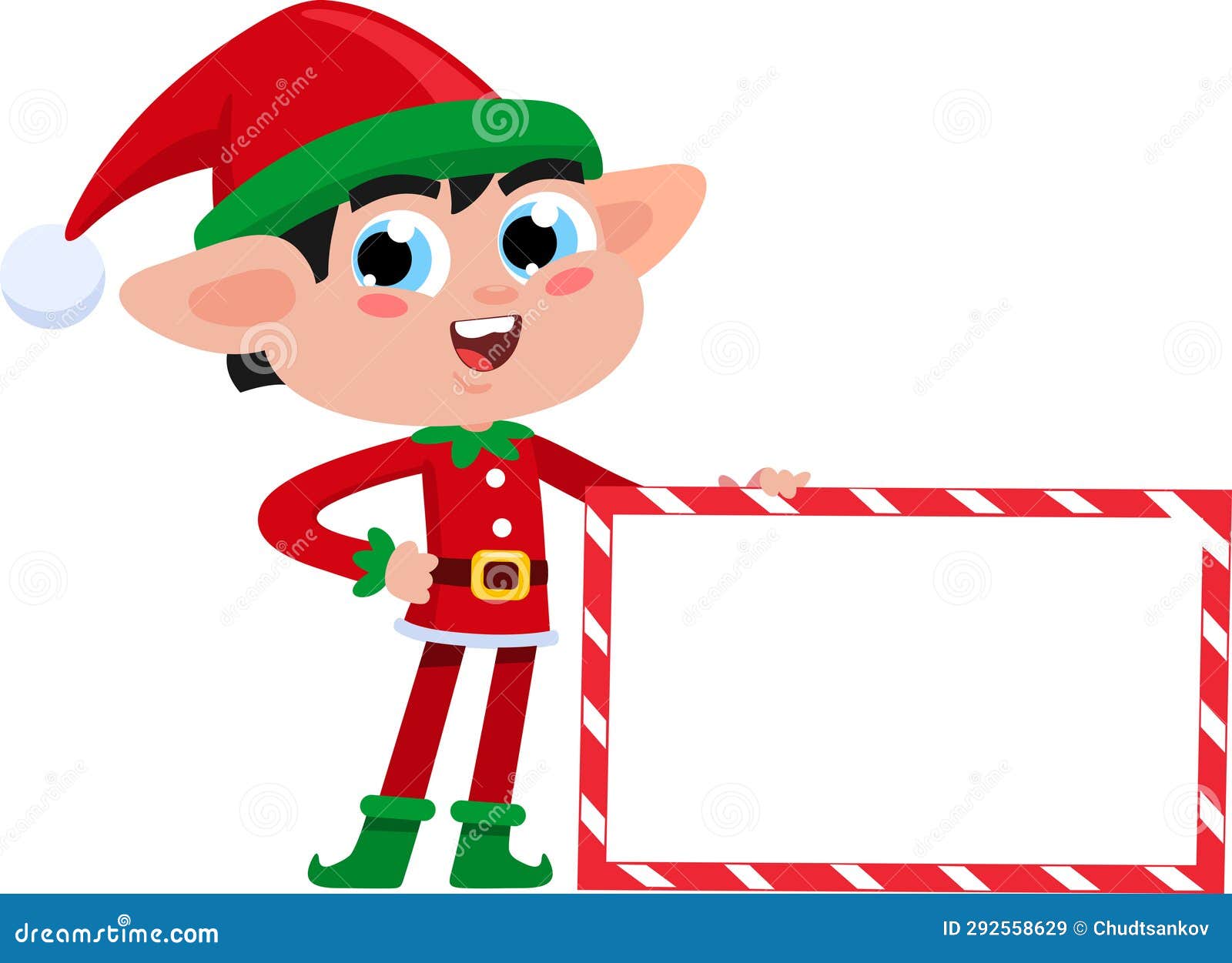 Cute Christmas Elf Cartoon Character Holding a Blank Sign Stock Vector ...