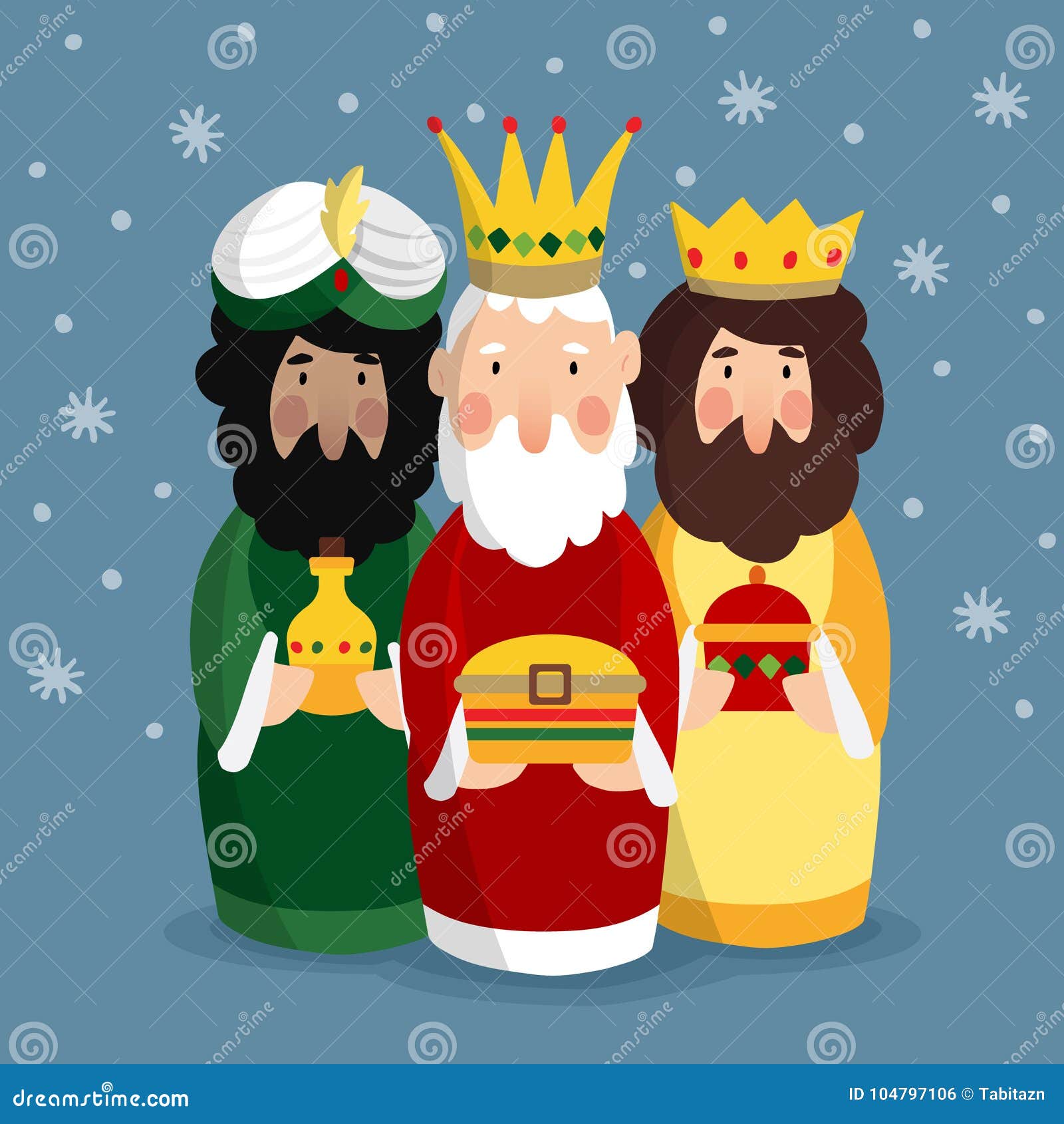 cute christmas greeting card, invitation with three magi. biblical kings caspar, melchior and balthazar. 