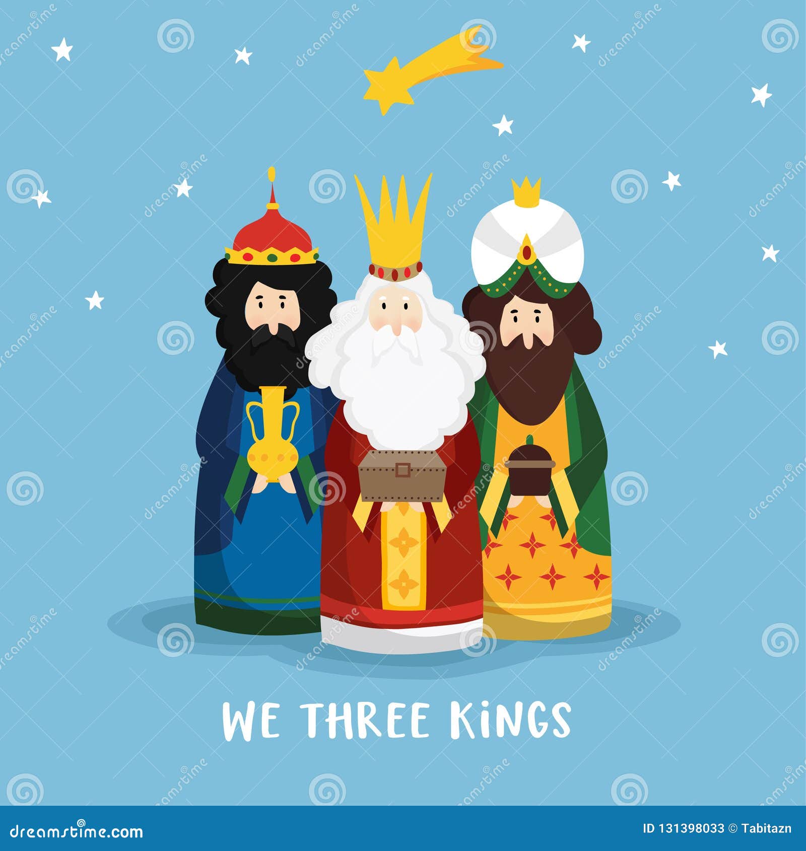 cute christmas greeting card, invitation with three magi bringing gifts and falling star. biblical kings caspar