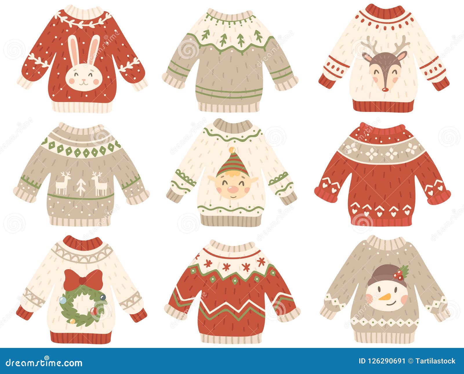 cute christmas jumper. xmas ugly sweater with funny snowman, santas helpers and santa beard. winter fashion tacky