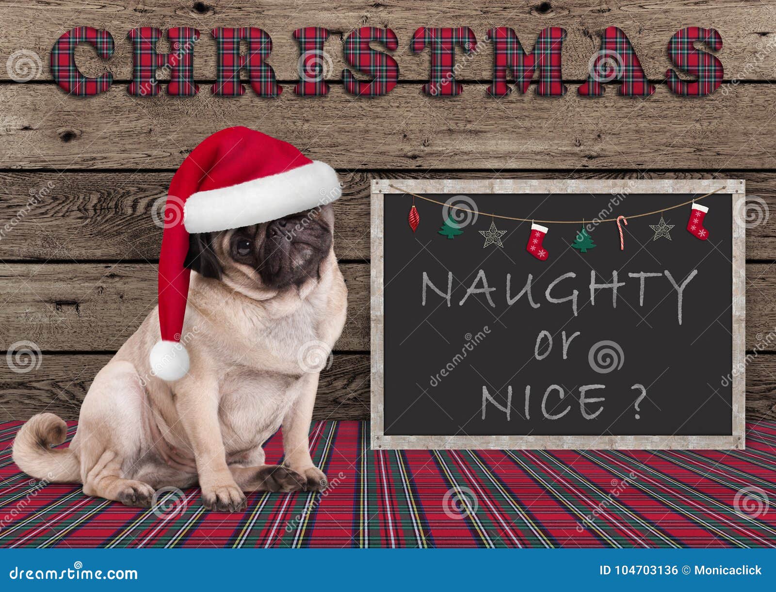 cute christmas pug puppy dog with santa hat and blackboard with text naughty or nice