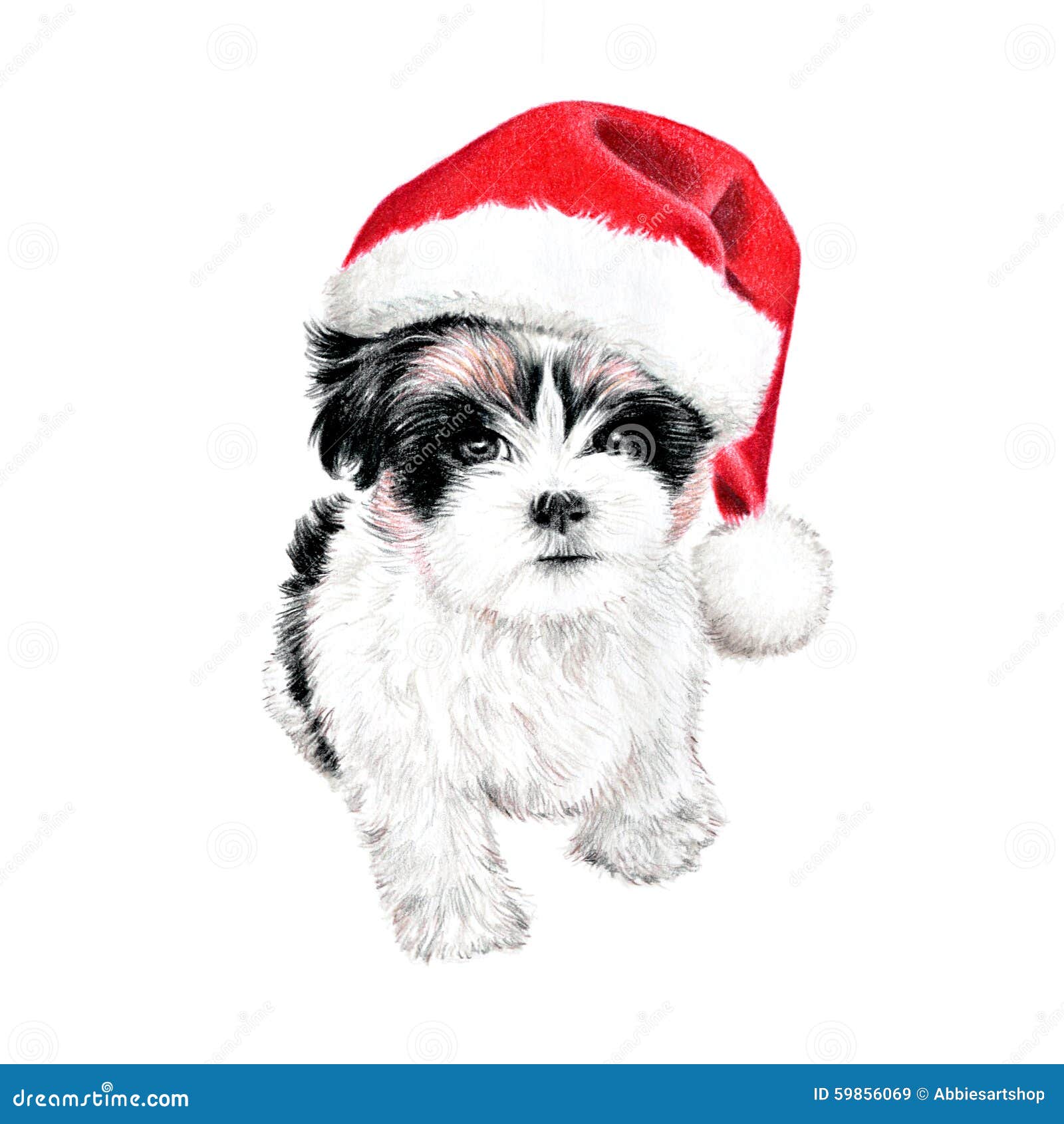 Cute Christmas Puppy Dog With Santa Hat Illustration. Hand ...