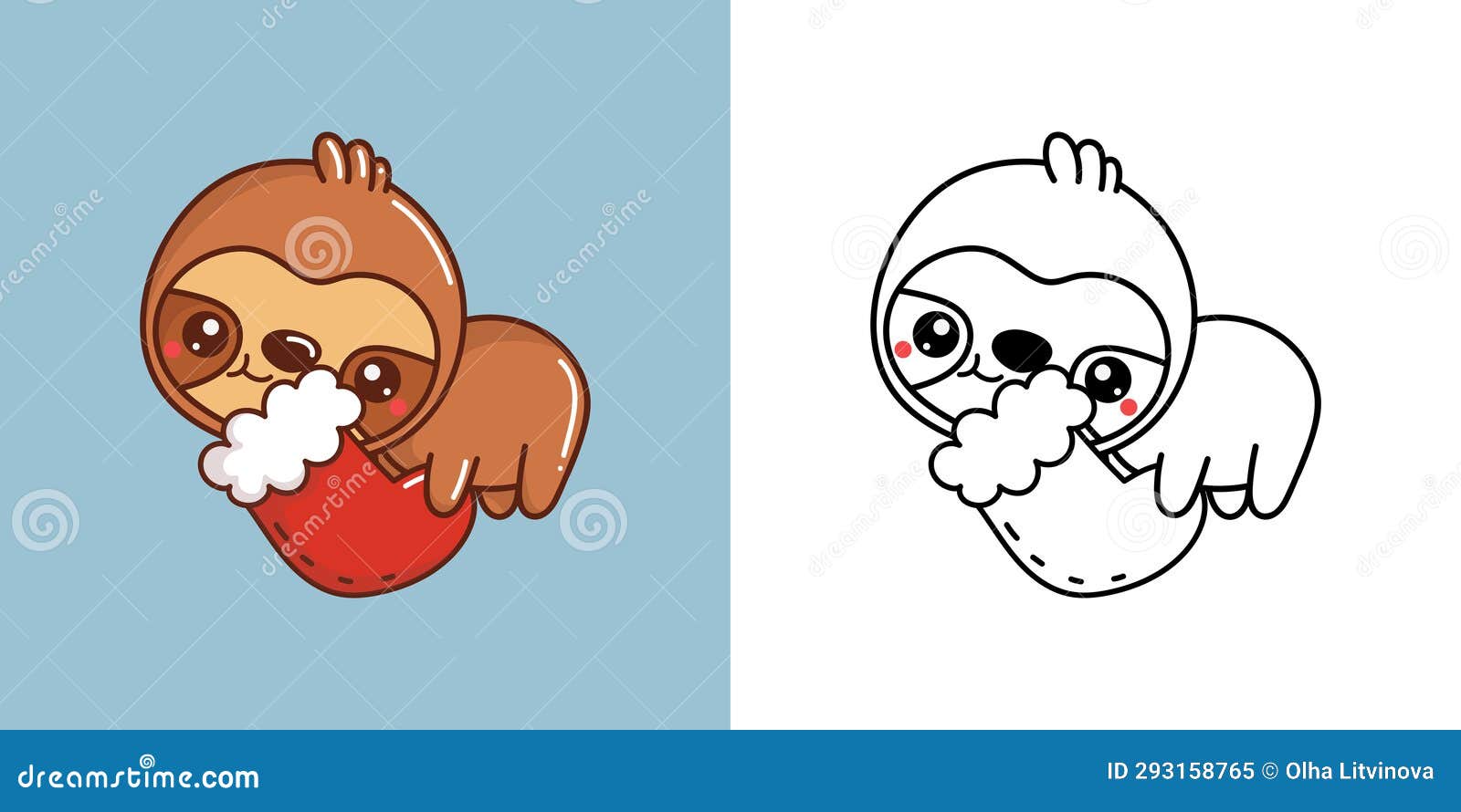 cute christmas sloth  and for coloring page. cartoon stickers new year jungle animal.