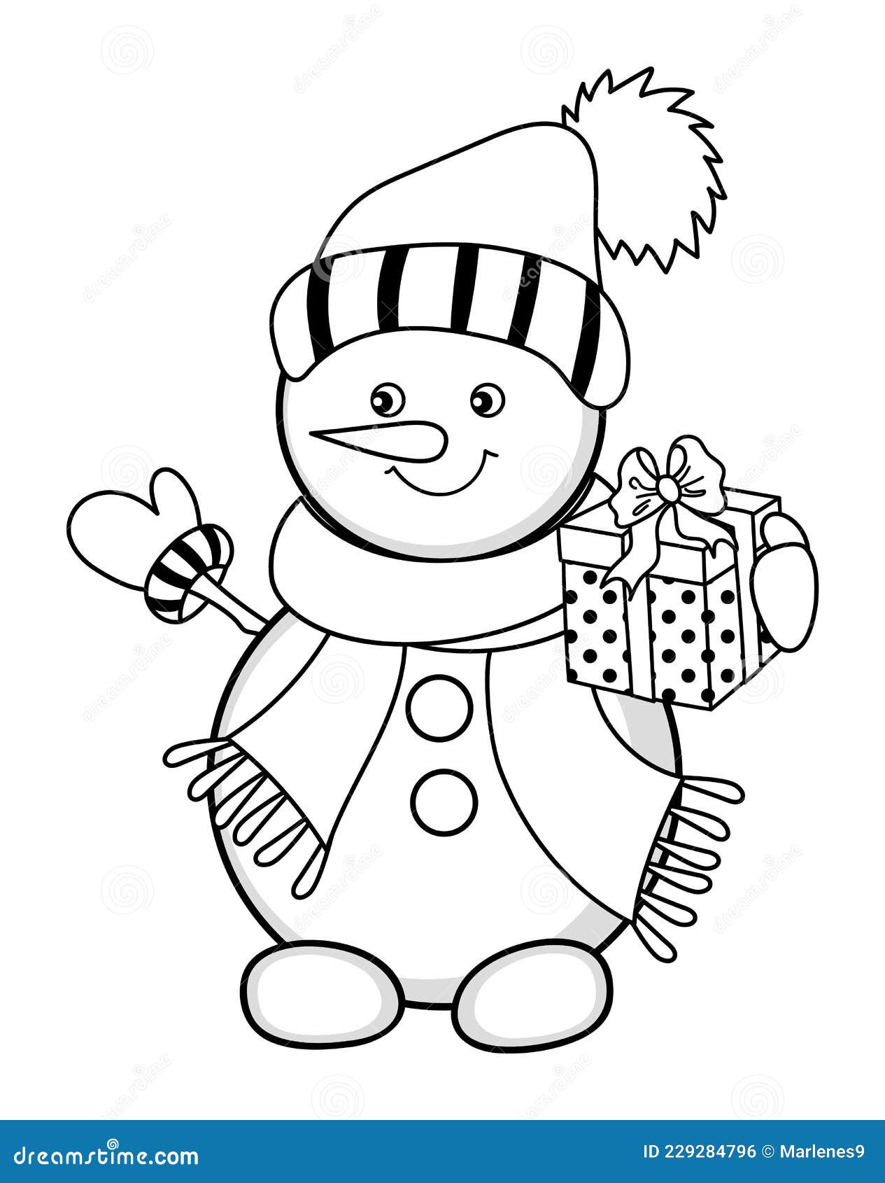 Cute Christmas Snowman Colouring Page. Vector Cute Snowman with Gift ...