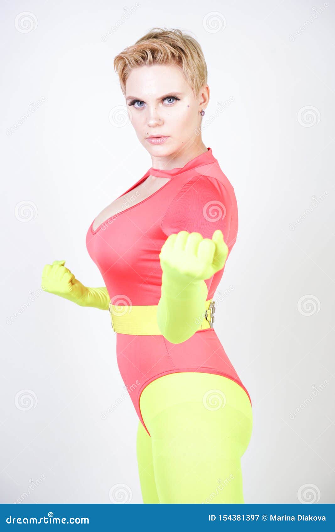 Curvy Girl In Spandex Leotard With Pantyhose And Gloves