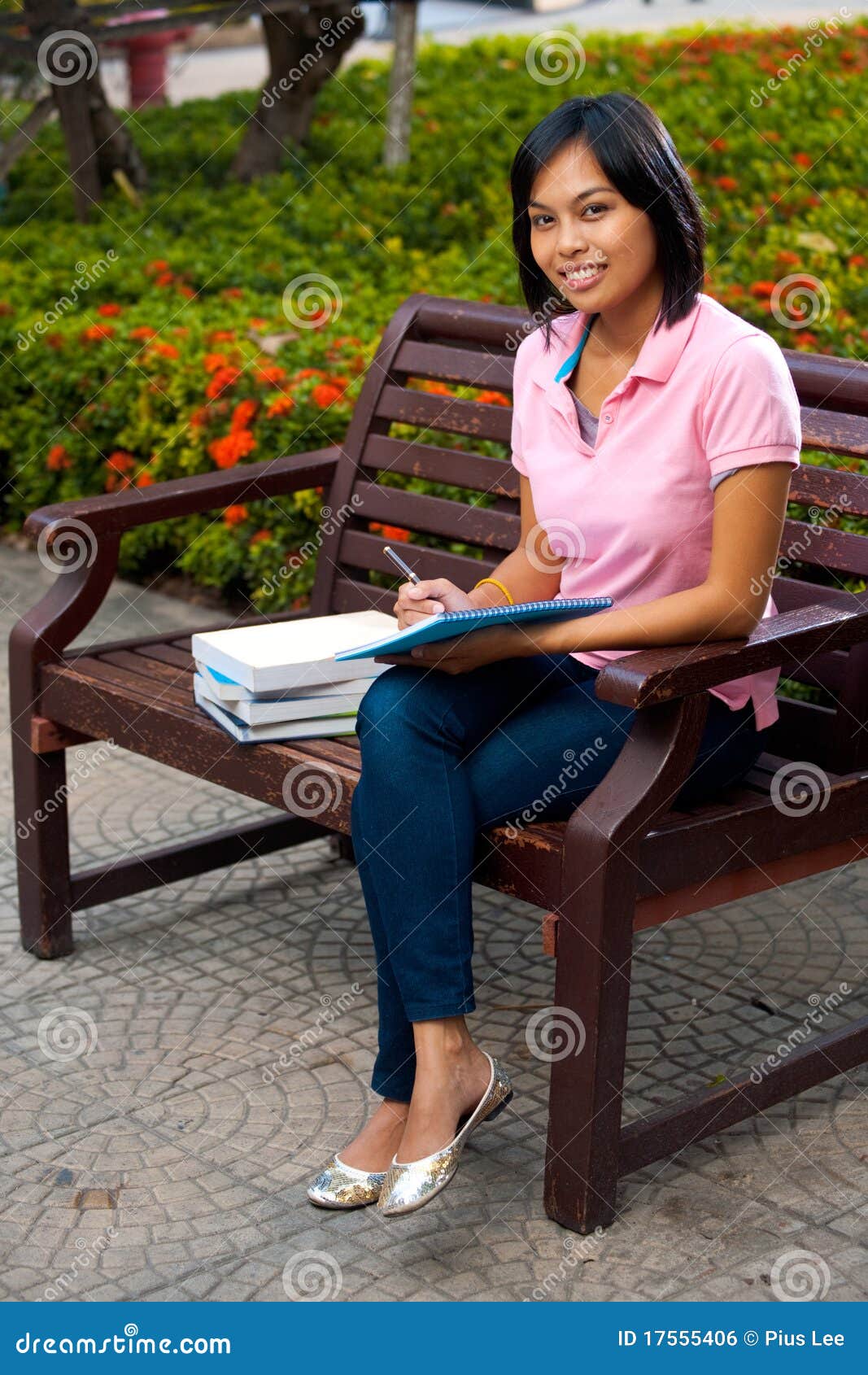 Cute College Student Bench Flowers Notepad Stock Photo - Image of copy