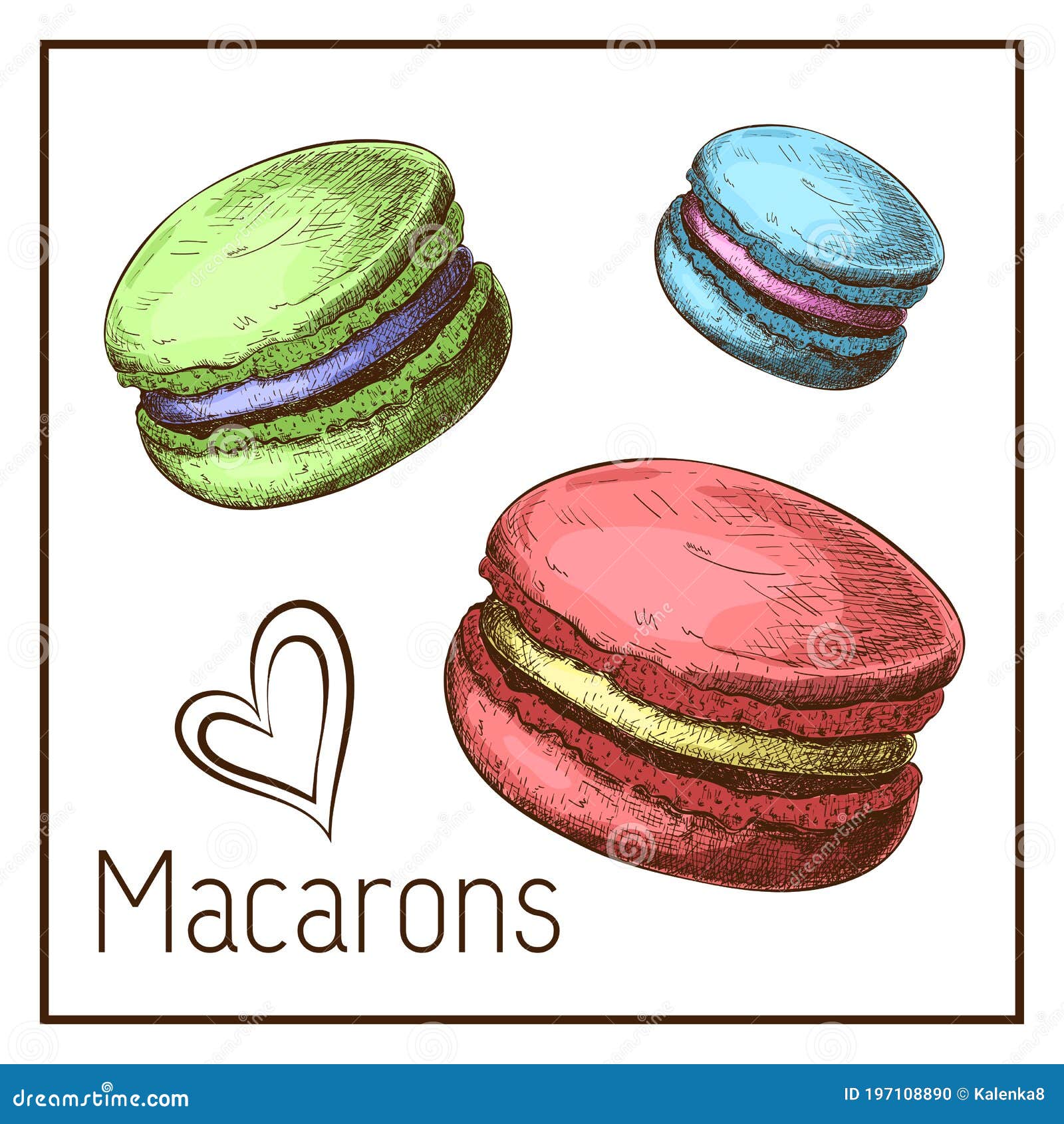 Cute Color Macarons Drawing Isolated on White. Vector Sketch of