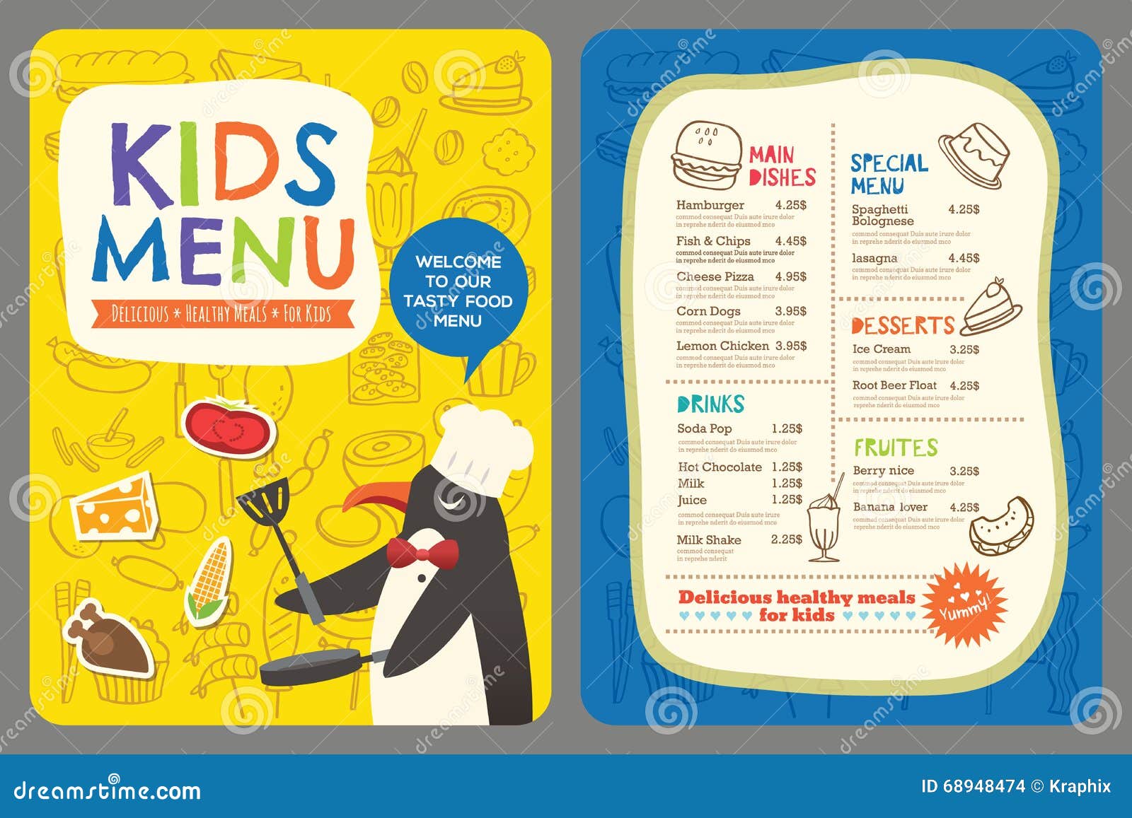 Cute Colorful Kids Meal Menu Vector Template with Penguin Cartoon Stock  Vector - Illustration of border, blue: 68948474