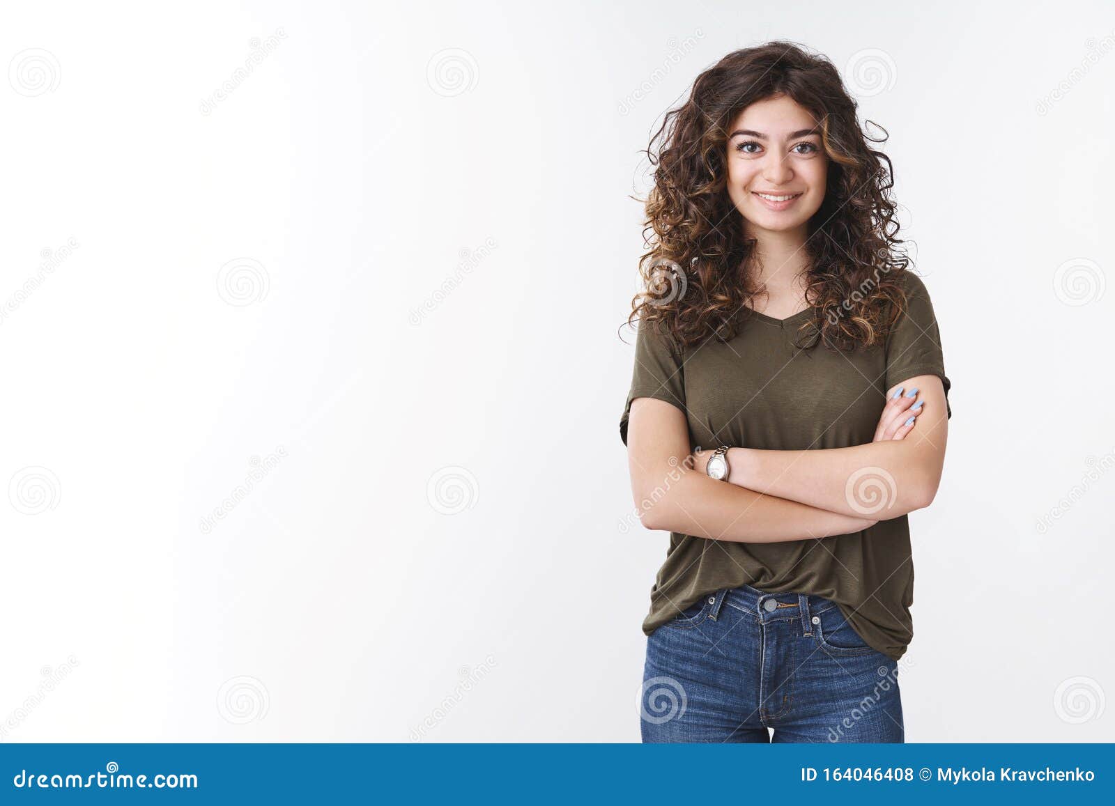 cute confident successful young female diatologist with curly hair cross arms chest self-assured ready give helpful