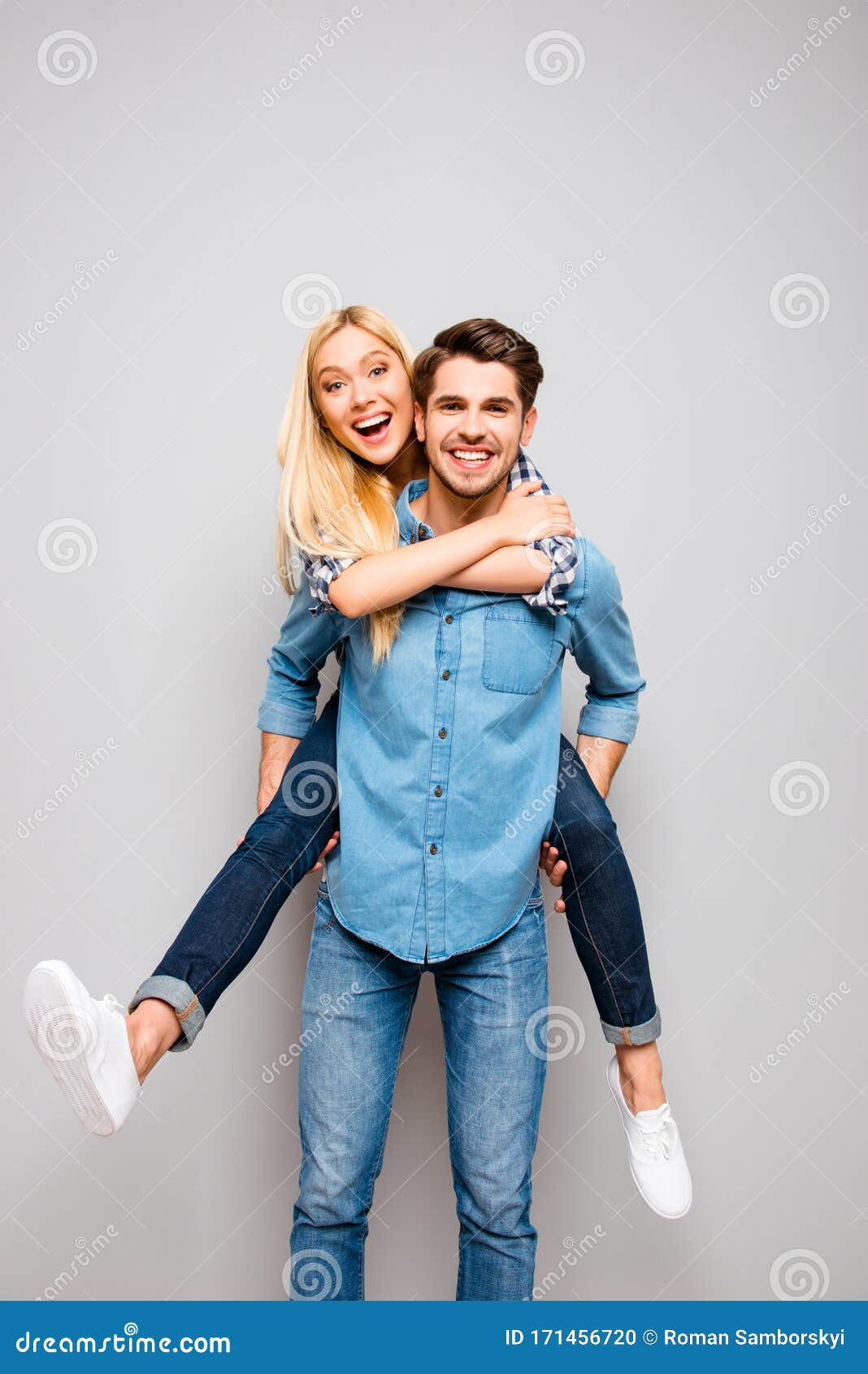 Cute Couple in Love Traveling. Happy Man Carrying His Joyful ...