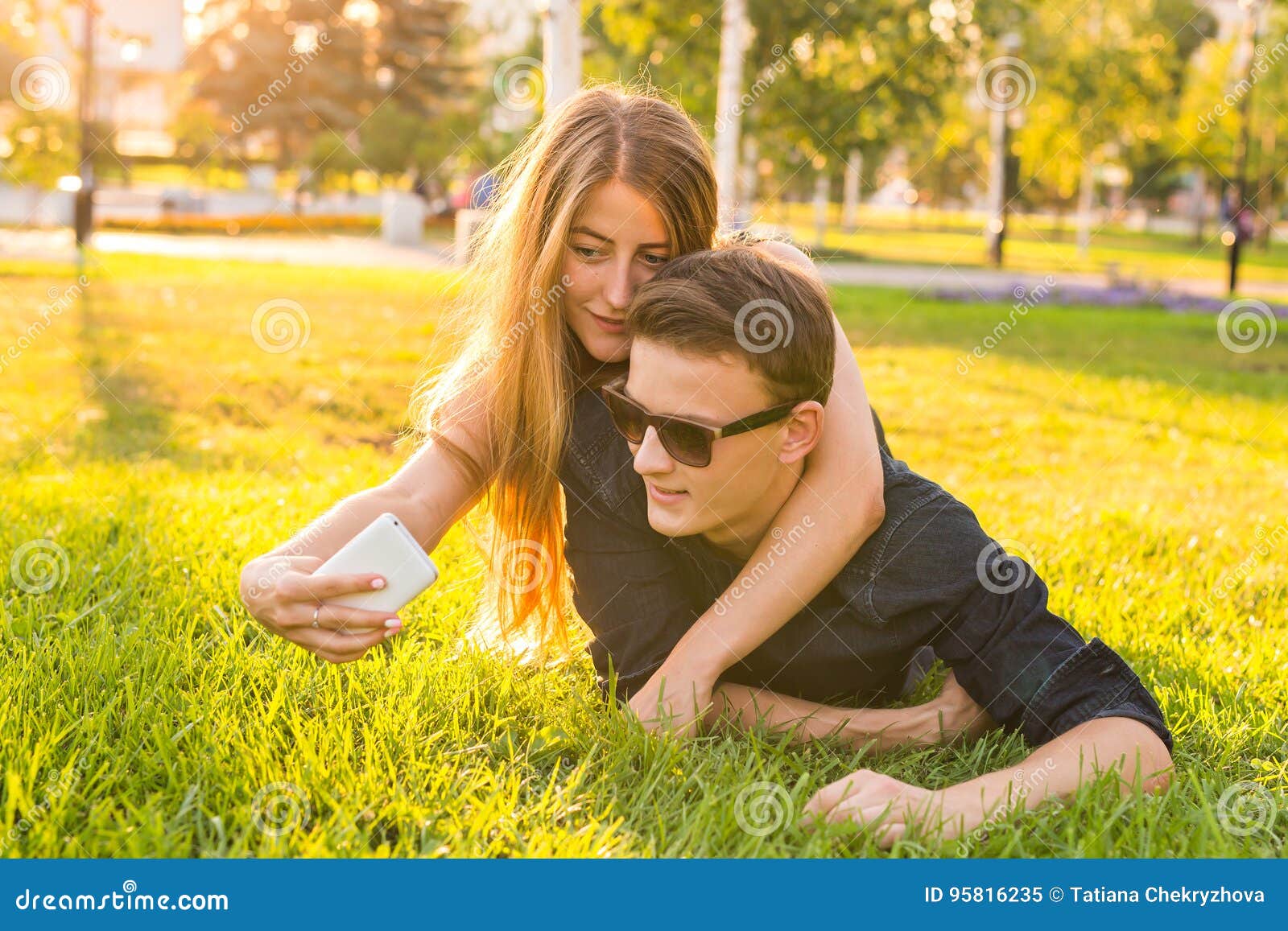 Cute Couple Taking a Selfie on a Sunny Day Stock Image - Image of ...