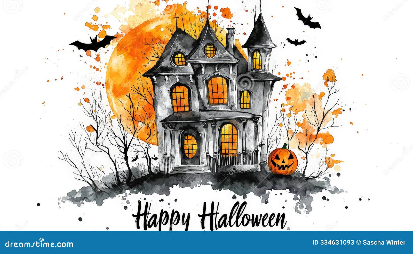 cute and creepy halloween haunted house watercolor. generative ai