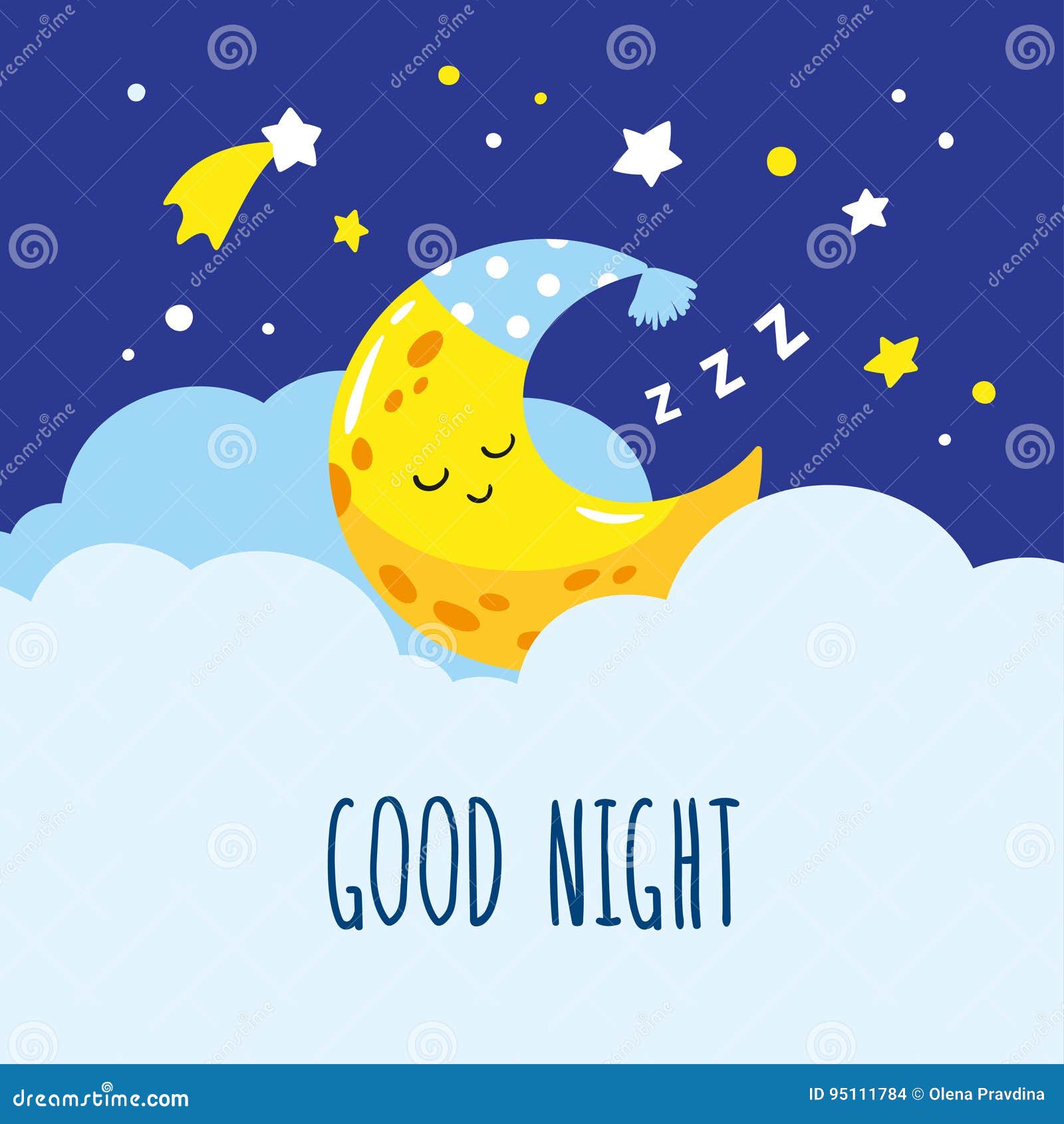 Cute Crescent Sleeping on a Cloud. Hand-written Inscription Good Night ...