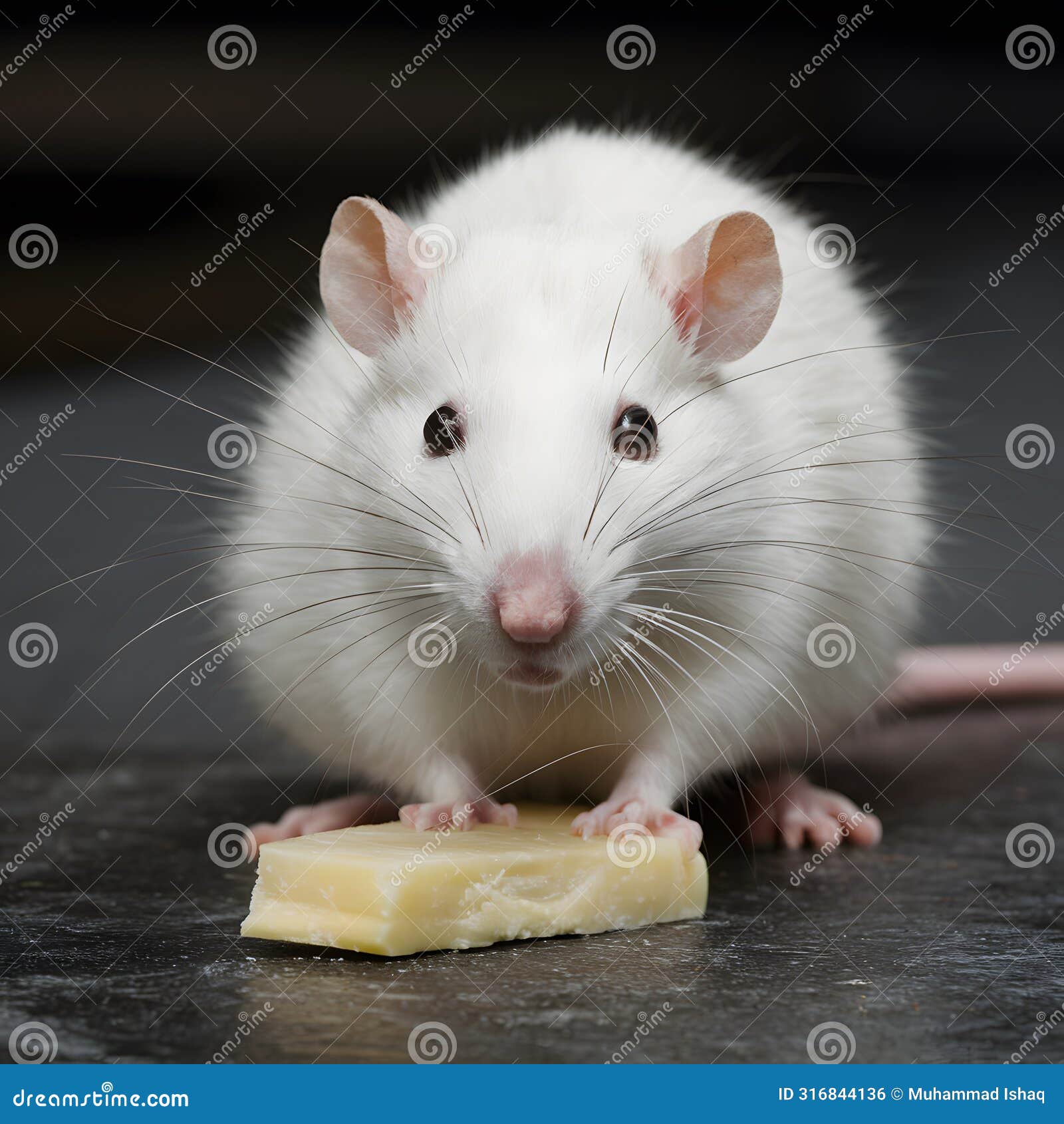 cute critter close up of white tame rat with cheese