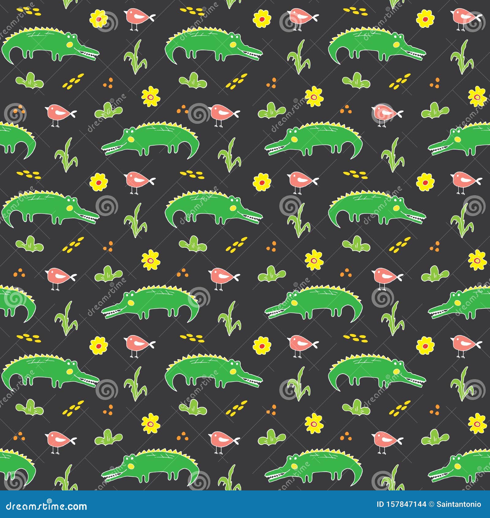 cute crocodile or alligator with little bird seamless pattern, cartoon hand drawn animal doodles   background