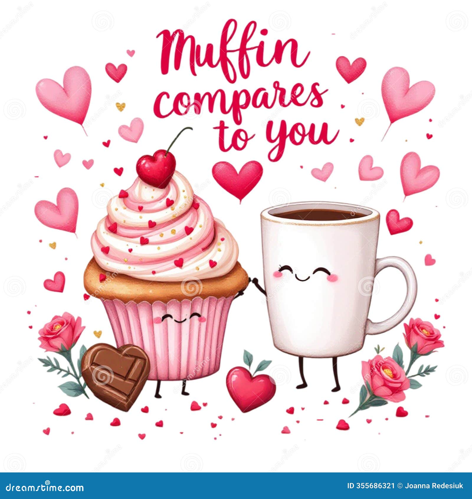 a cute cupcake and coffee cup, both with smiling faces, are surrounded by hearts and roses with the phrase muffin compares to you