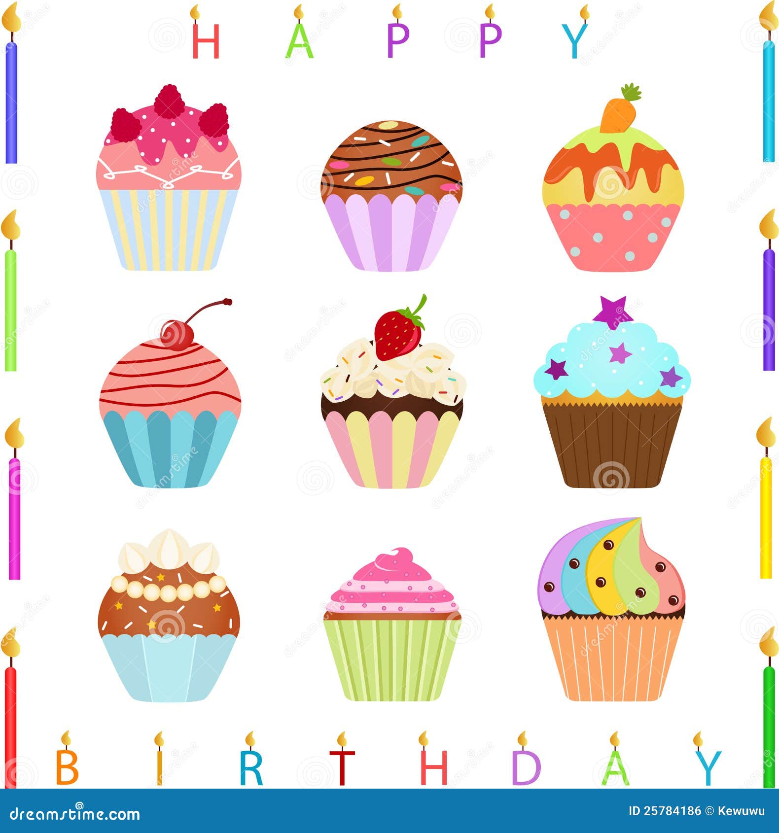Cute Cupcake with Happy Birthday Candles Stock Vector - Illustration of