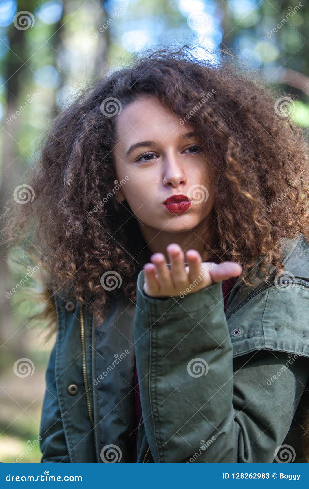 Cute Curly Hair Teen Girl In Autumn Forest Stock Imag