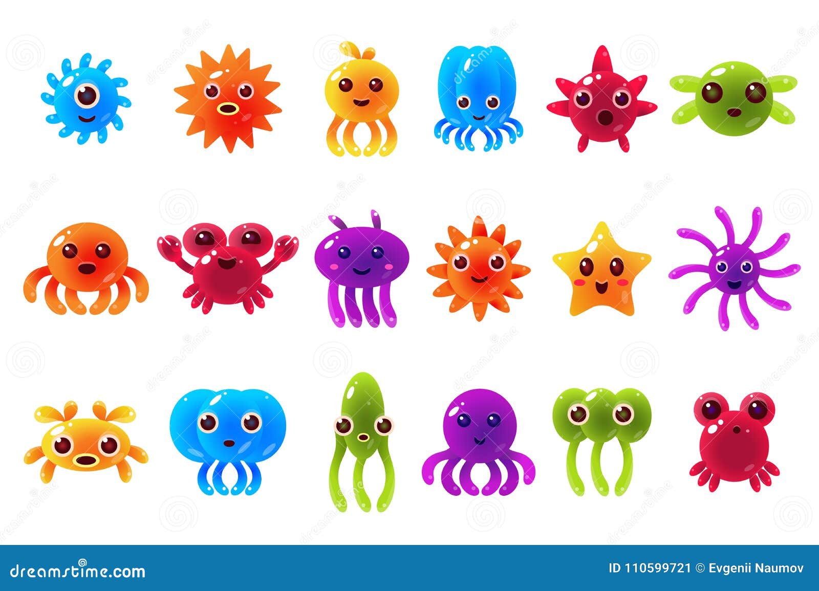 cute cute seta creatures sett with different emotions, colorful glossy underwater animals characters with funny faces