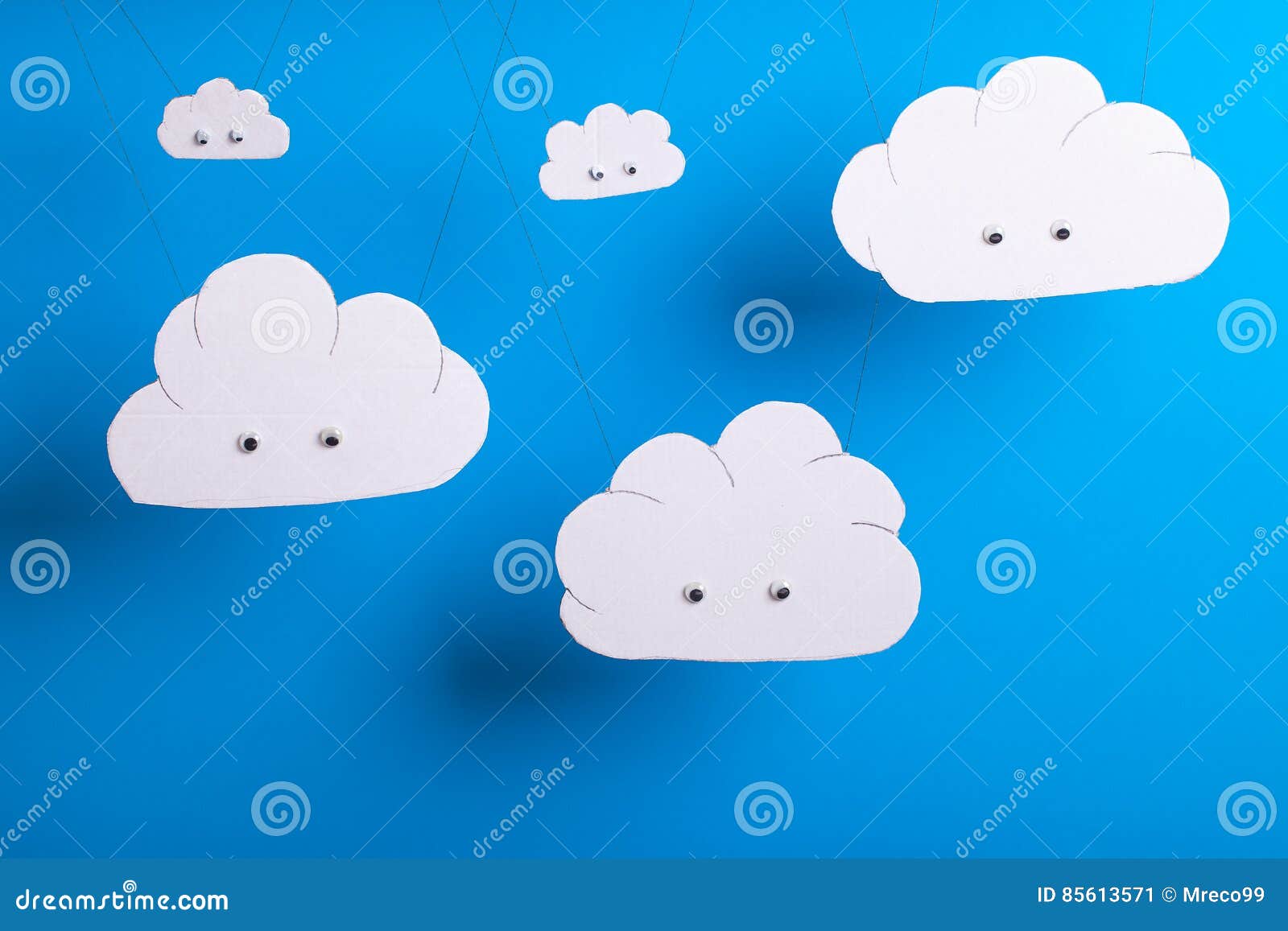Cute Cutout Clouds Hanging with Sky Blue Background Stock Illustration