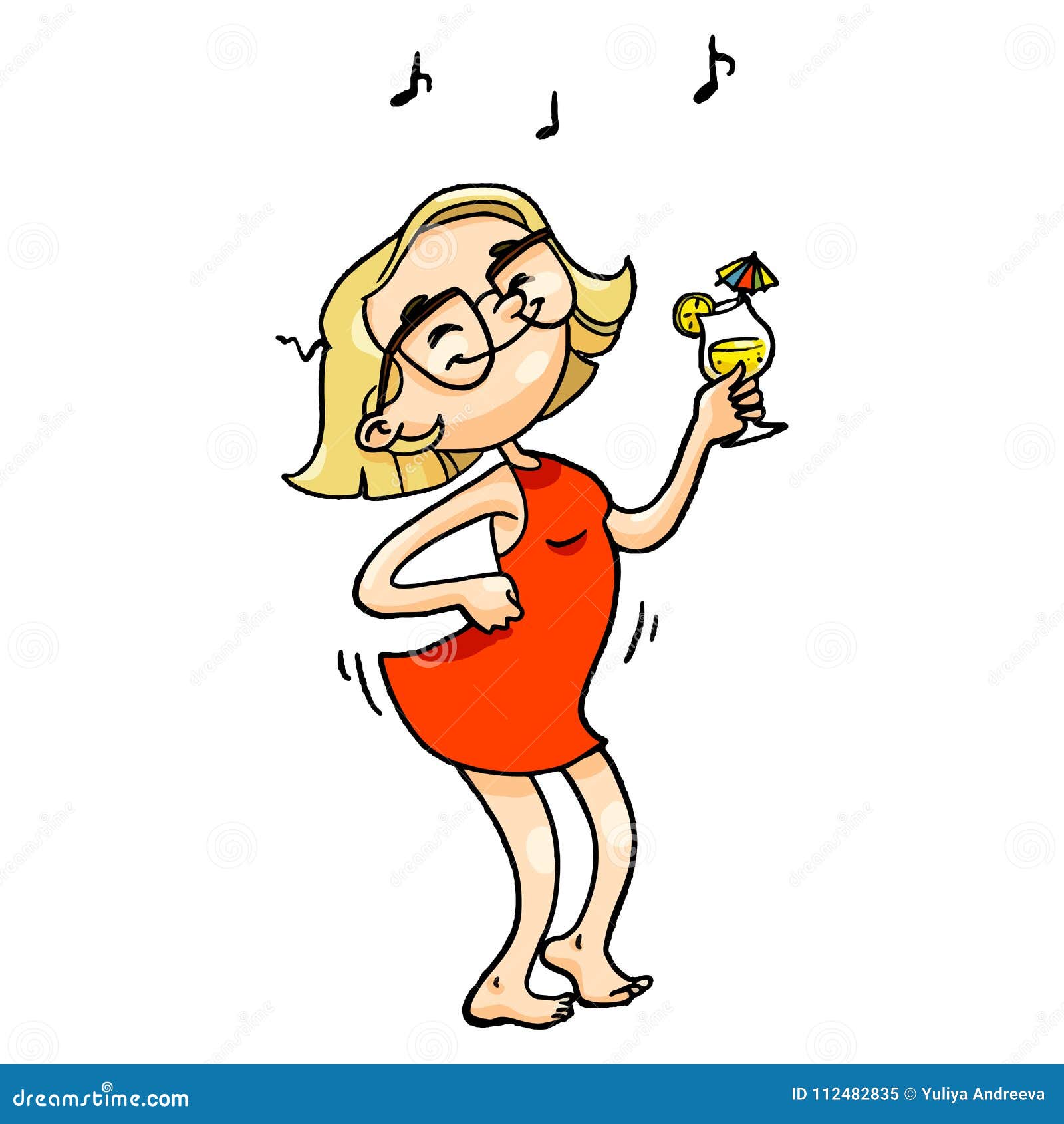 Cute Dancing Cartoon Girl with Glasses, Red Dress and Cocktail Stock