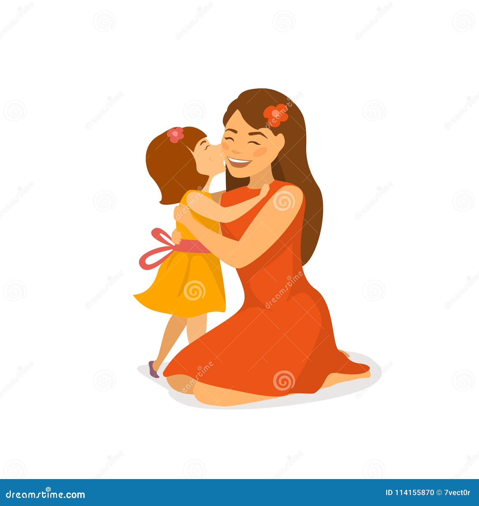 cute daughter kissing and hugging her mom, mothers day greeting cartoon  