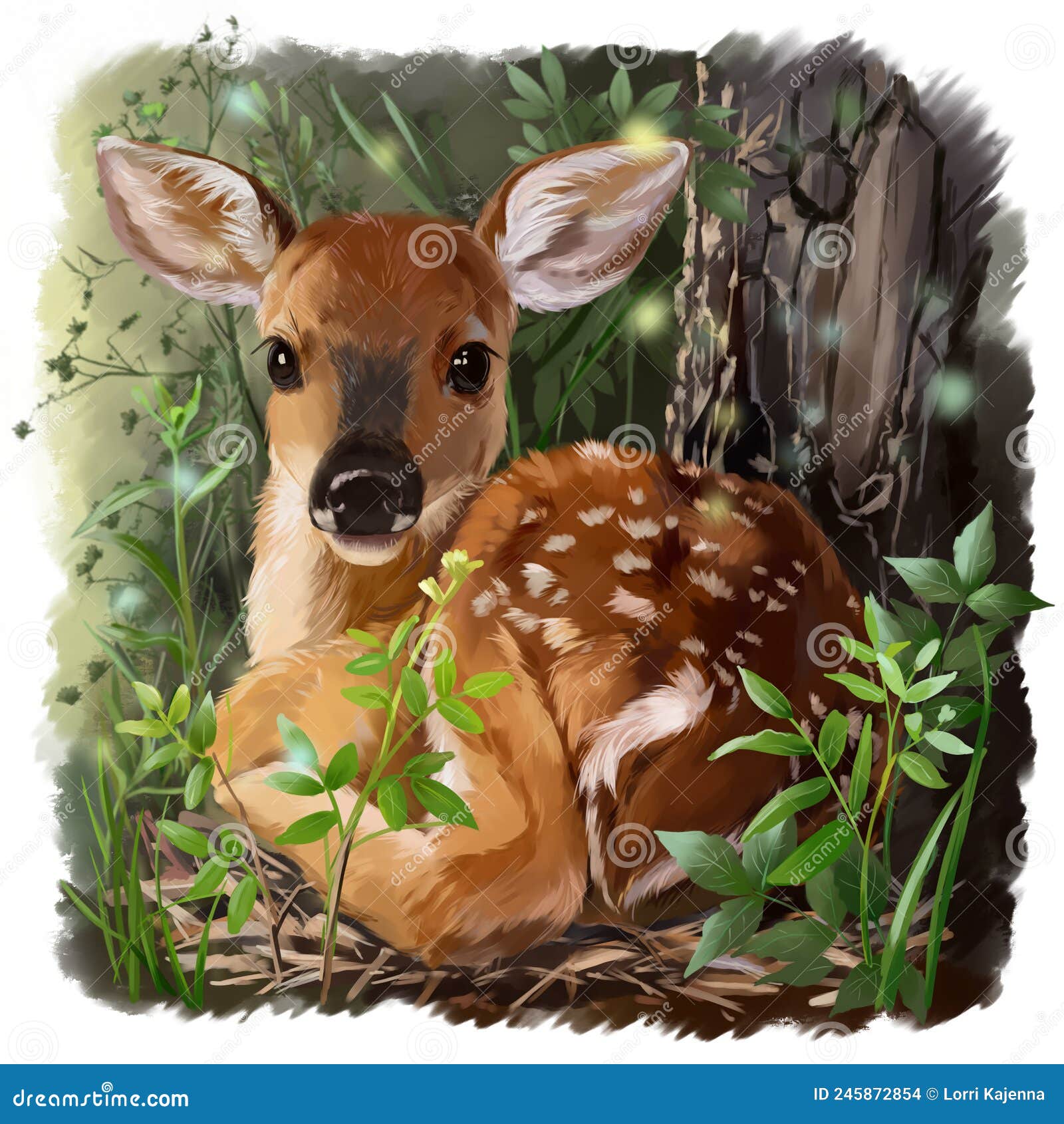 cute deer lies in the grass. watercolor drawing