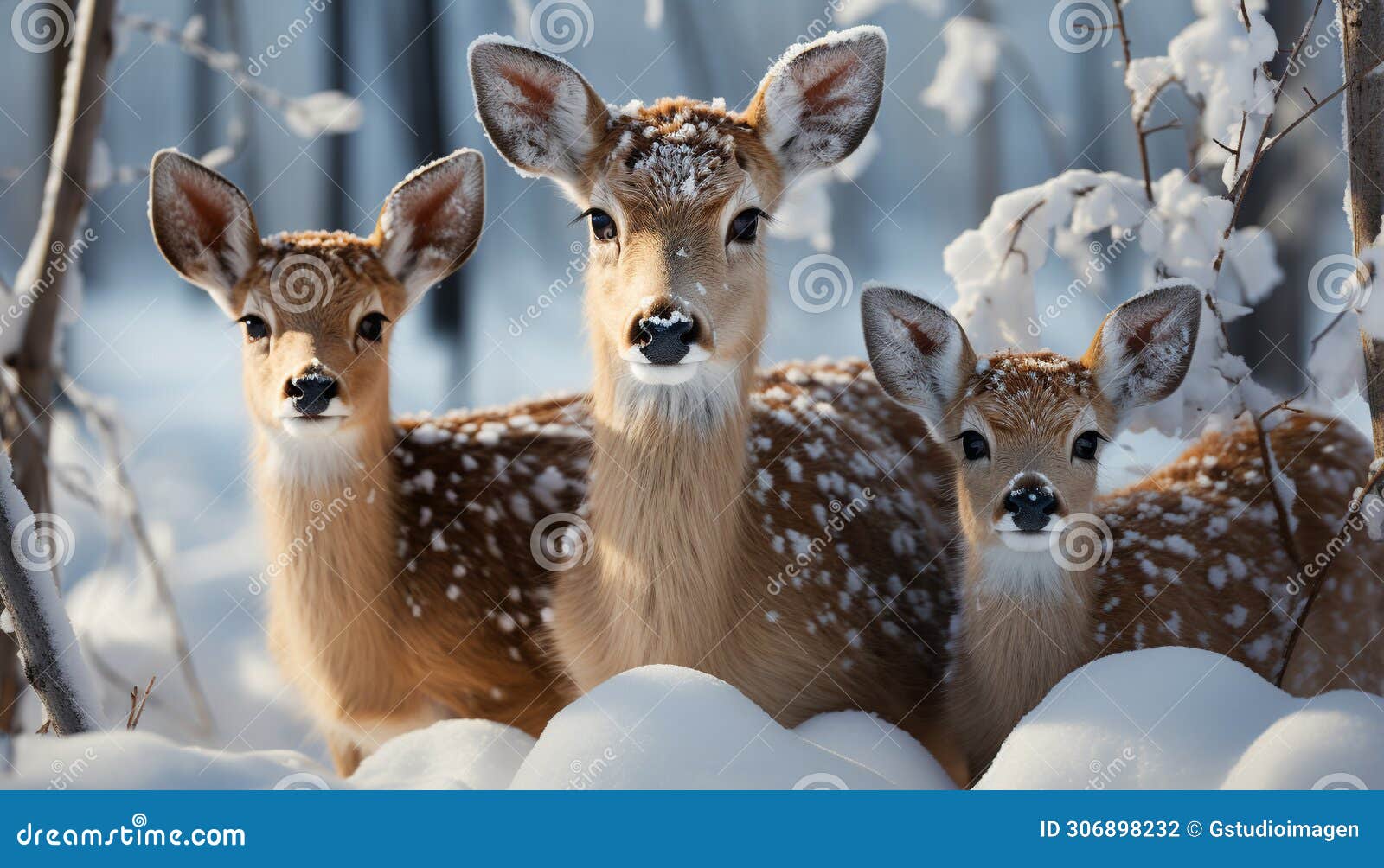 cute deer in winter forest, looking at camera, standing on branch generated by ai