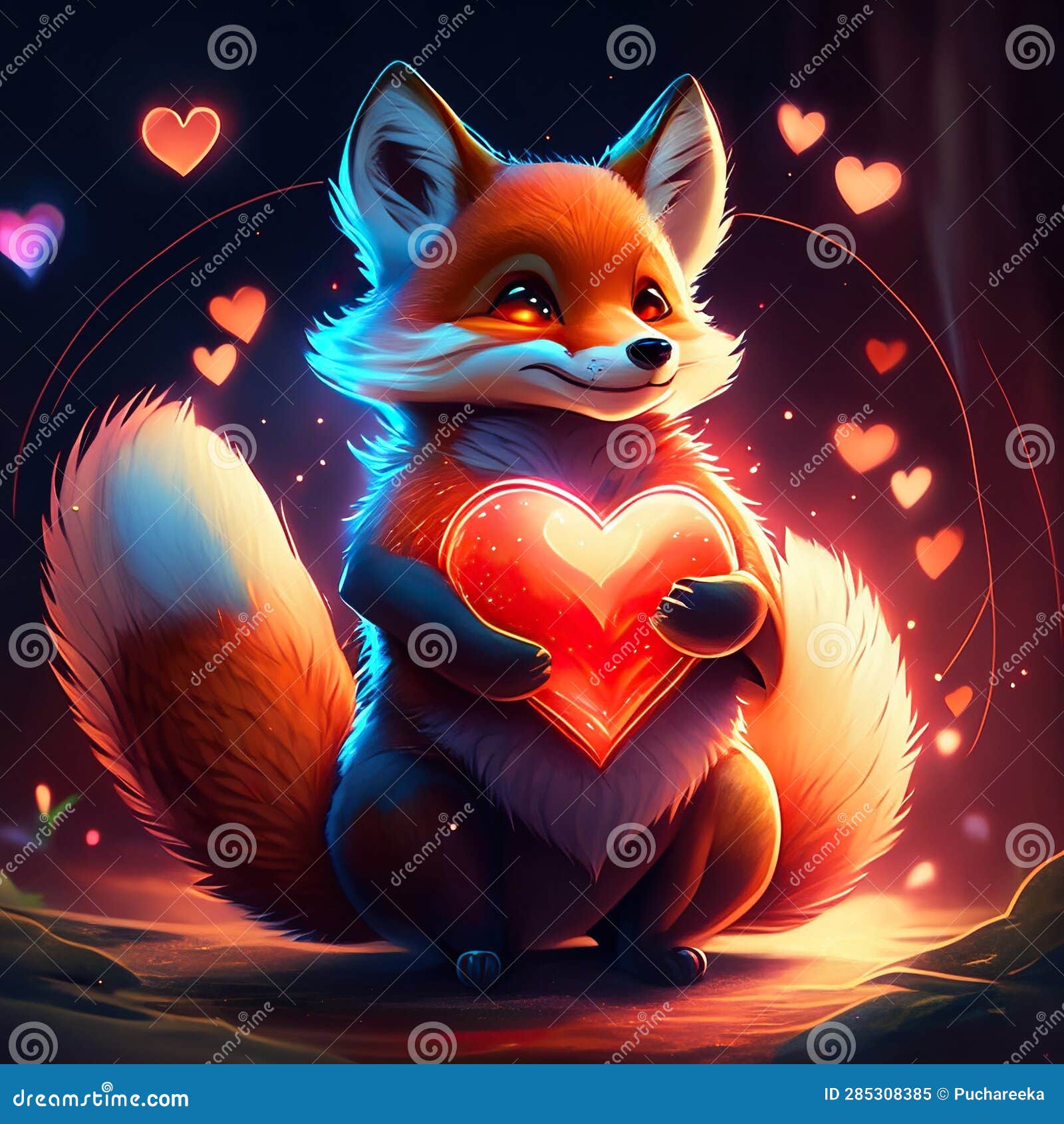 Cute Dhole Hugging Heart Cute Fox With Big Red Heart. Valentine's Day ...