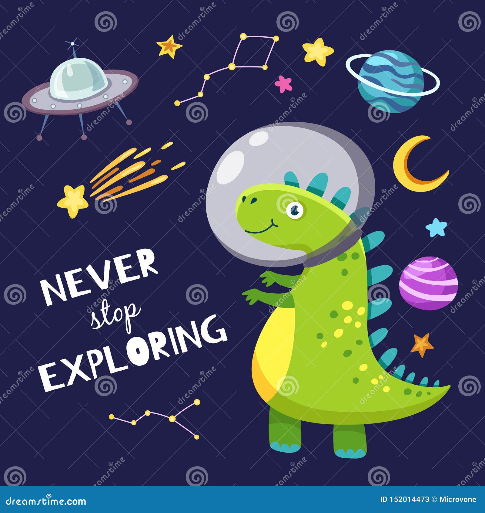 cute dino in outer space. baby dinosaur traveling in space. never stop exploring slogan. kids boy cartoon 