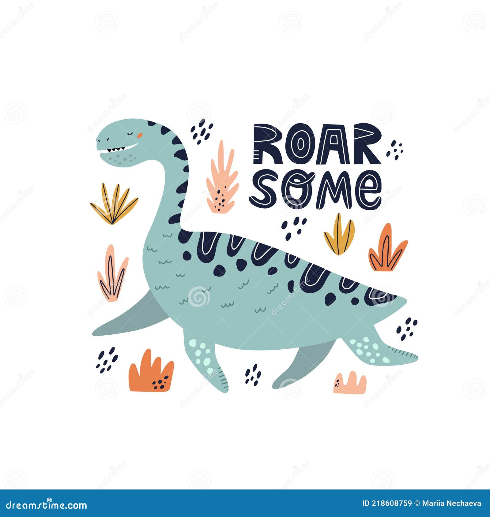 Cute Hand Drawn Dinosaur Character with Lettering Inscription