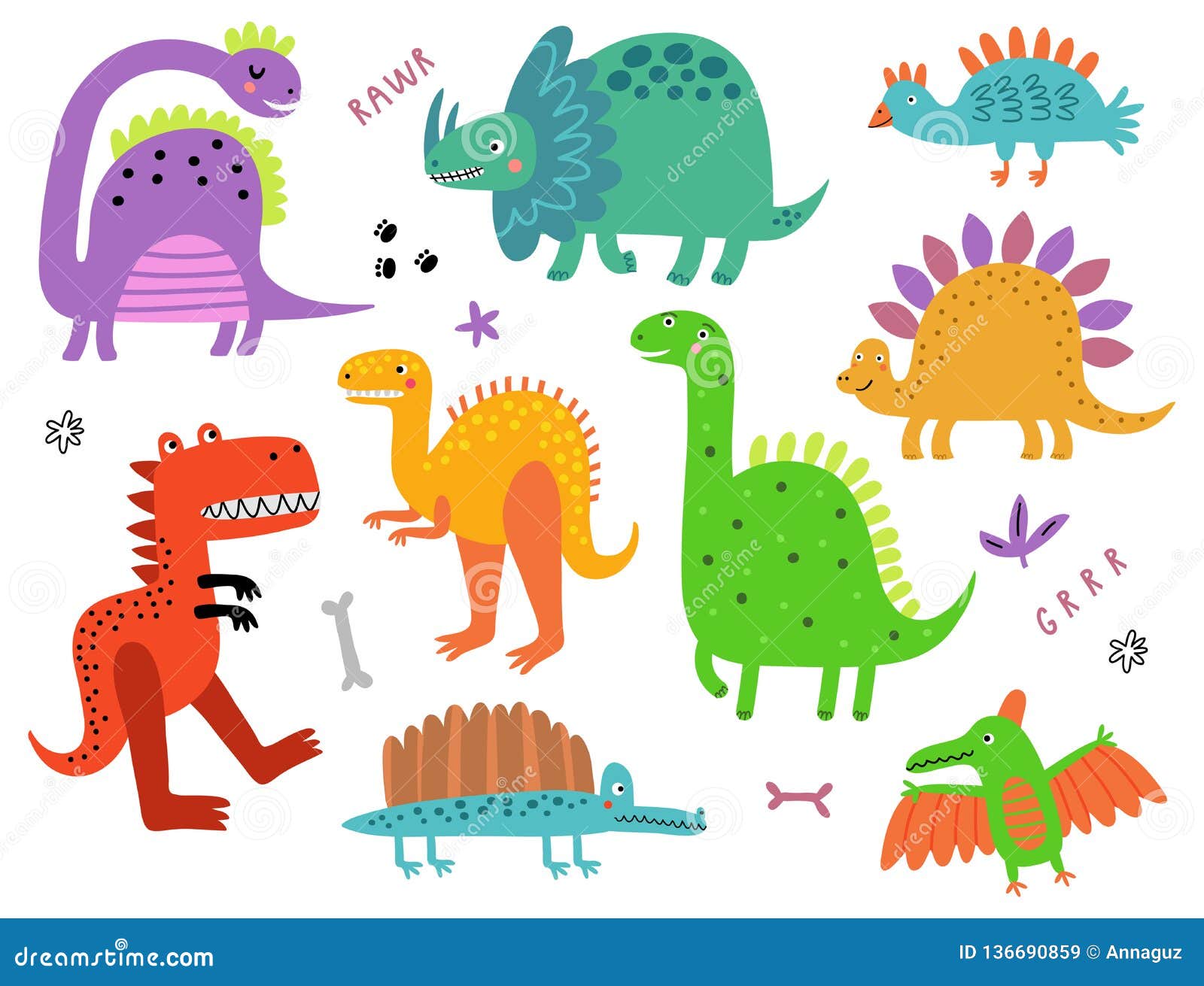 Cute Dinosaurs Characters Vector Set Stock Vector Illustration of dragon, emotion 136690859