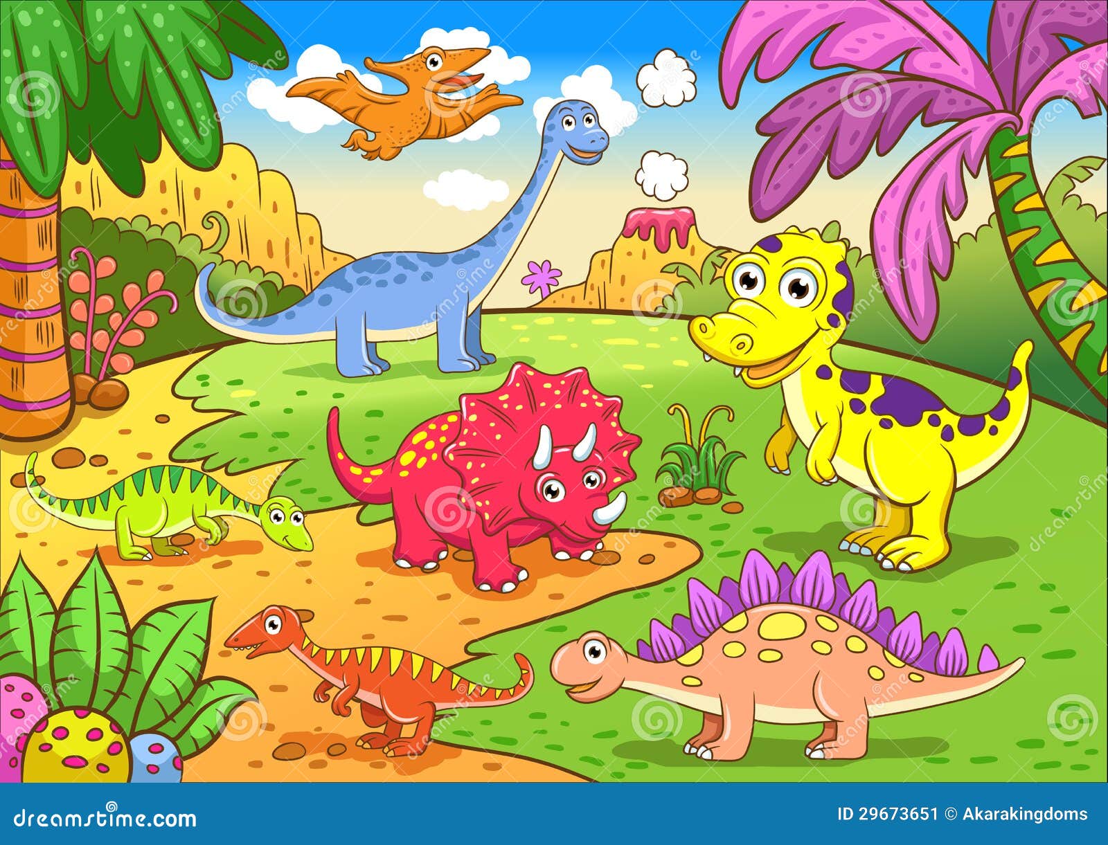 cute dinosaurs in prehistoric scene
